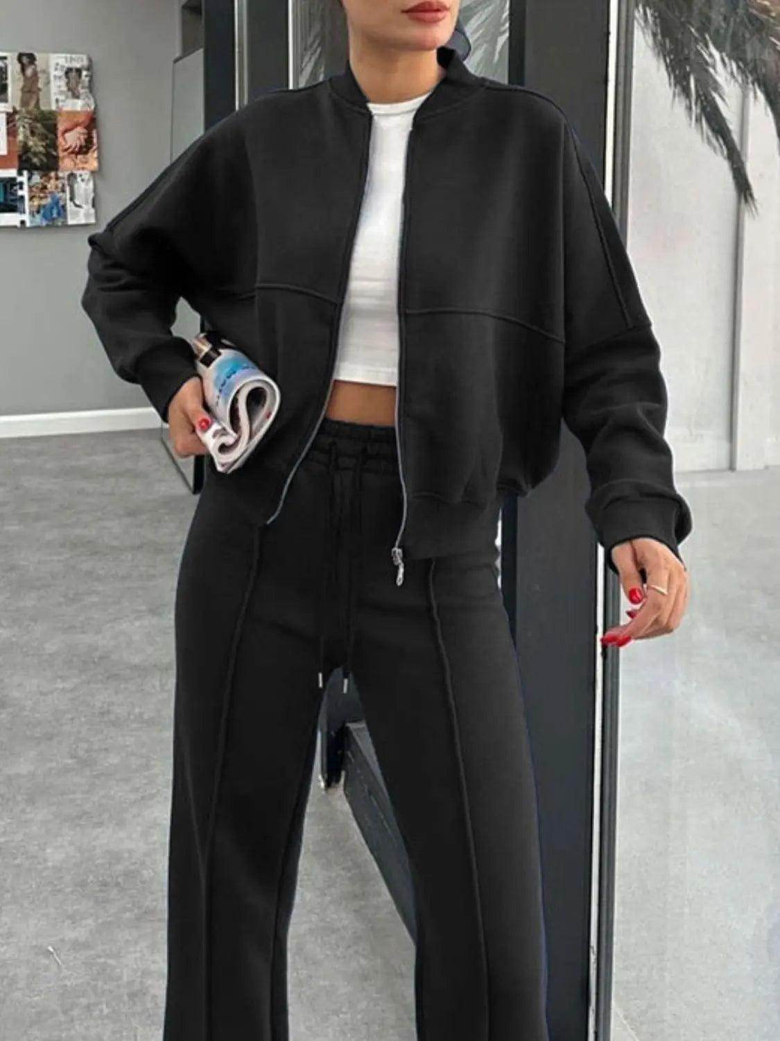Baseball Collar Zip Up Outerwear and Drawstring Pants Set - KADAUT