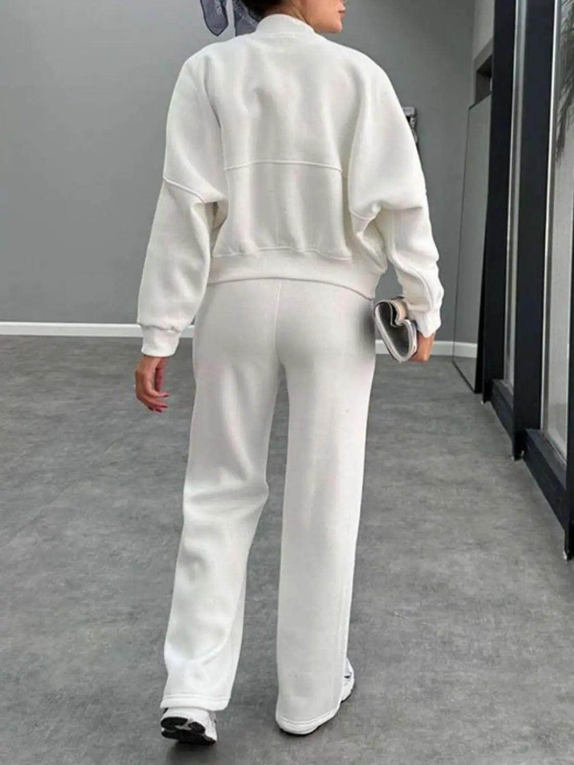 Baseball Collar Zip Up Outerwear and Drawstring Pants Set - KADAUT