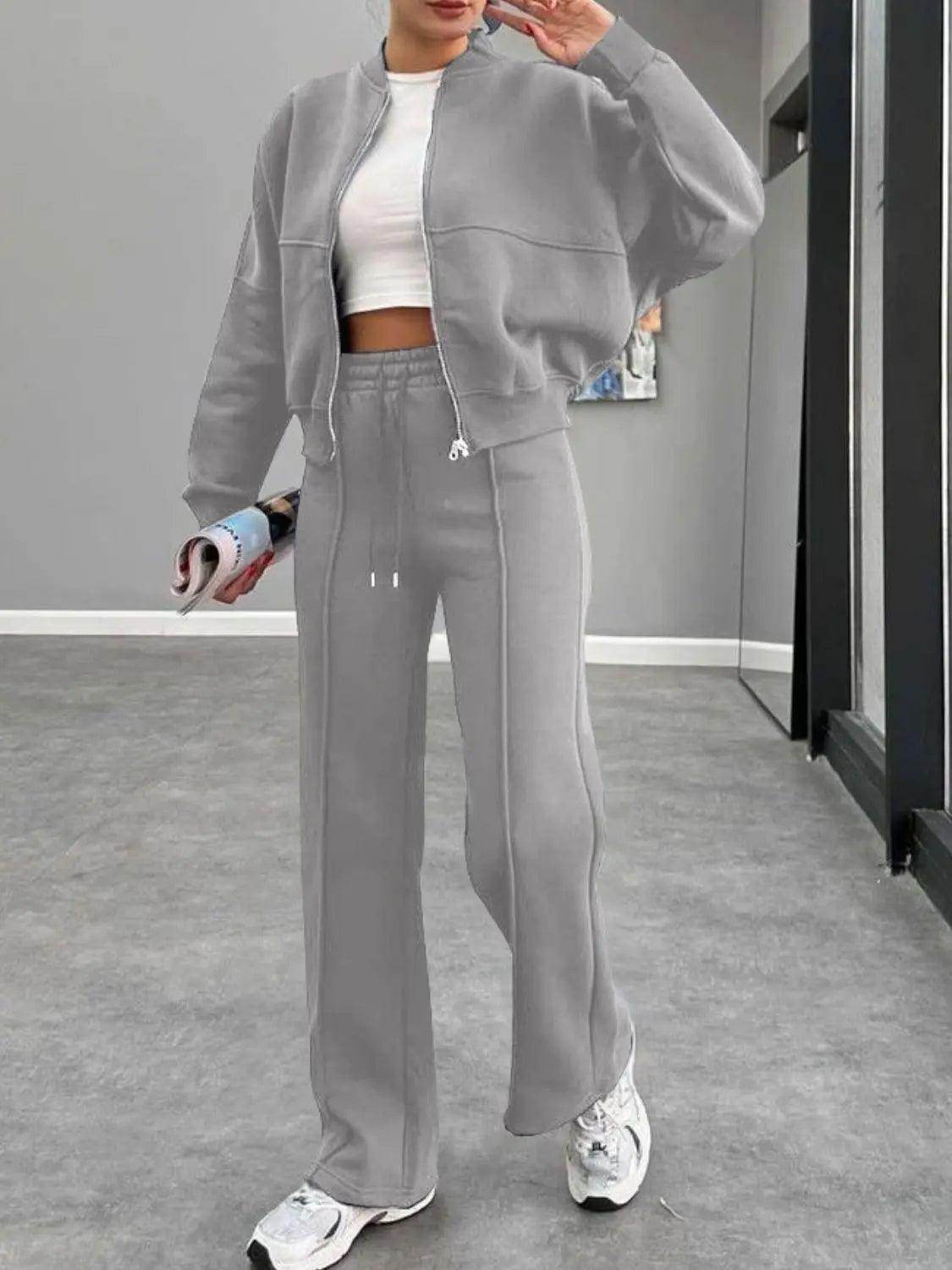 Baseball Collar Zip Up Outerwear and Drawstring Pants Set - KADAUT