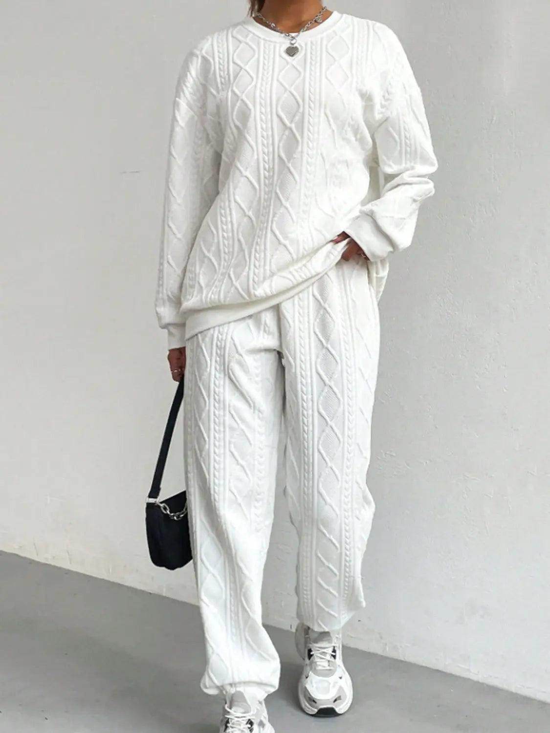Texture Round Neck Top and Pants Set - KADAUT