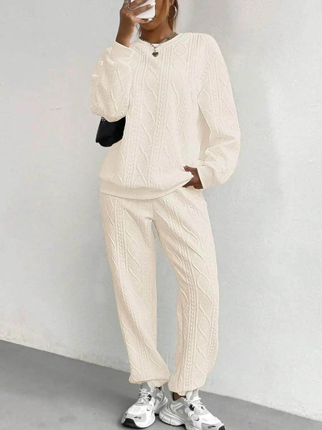 Texture Round Neck Top and Pants Set - KADAUT