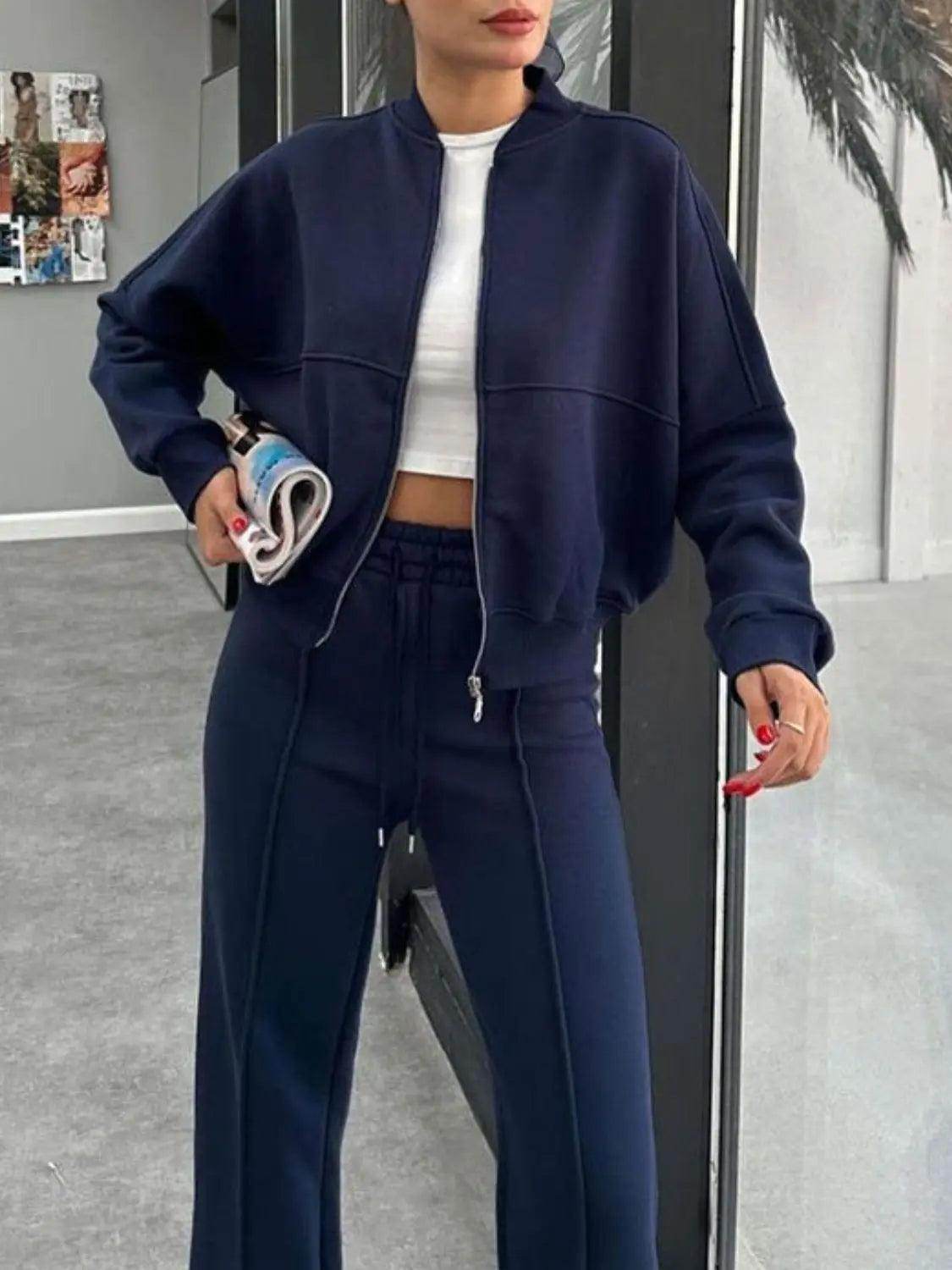 Baseball Collar Zip Up Outerwear and Drawstring Pants Set - KADAUT