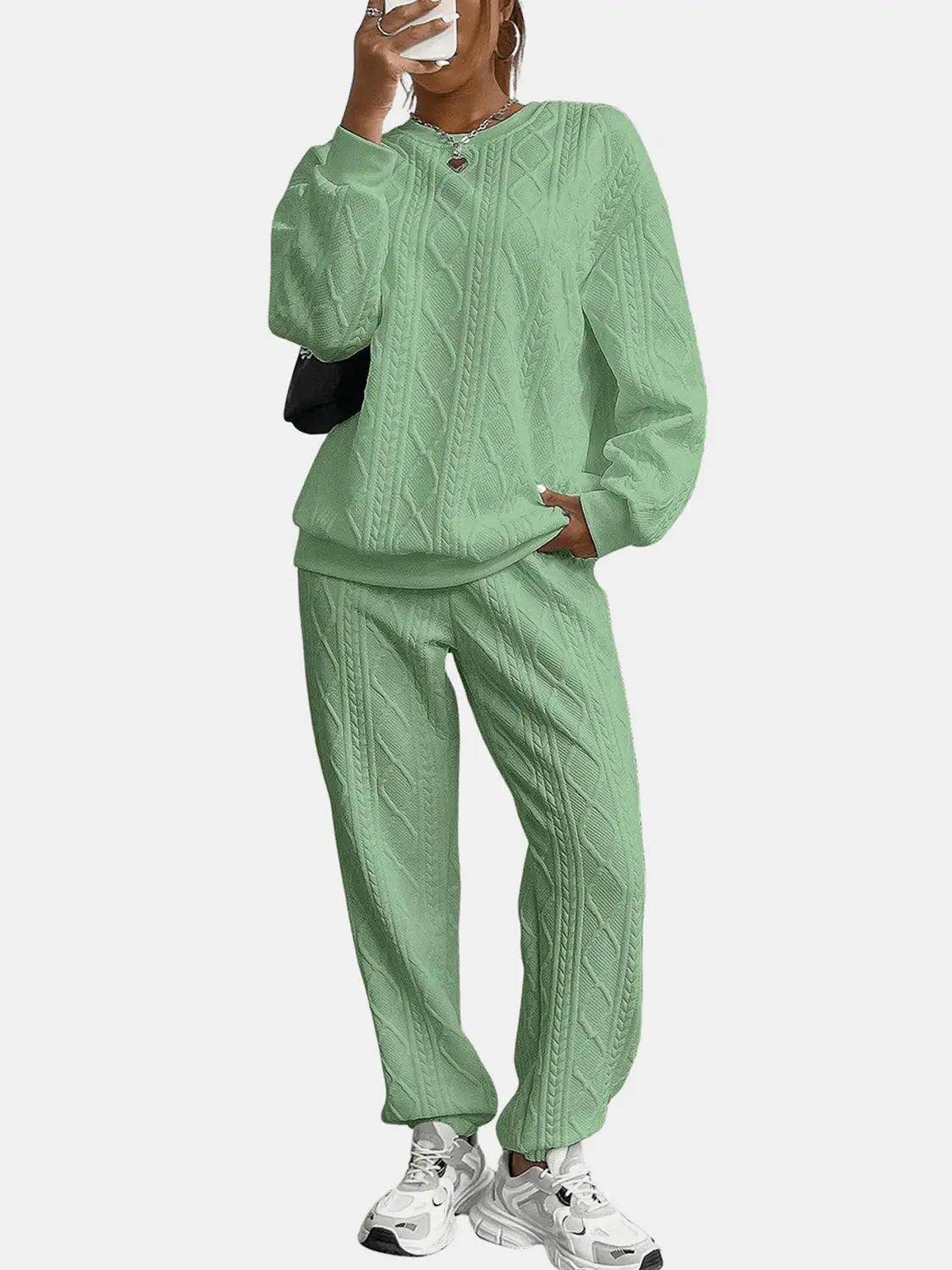 Texture Round Neck Top and Pants Set - KADAUT
