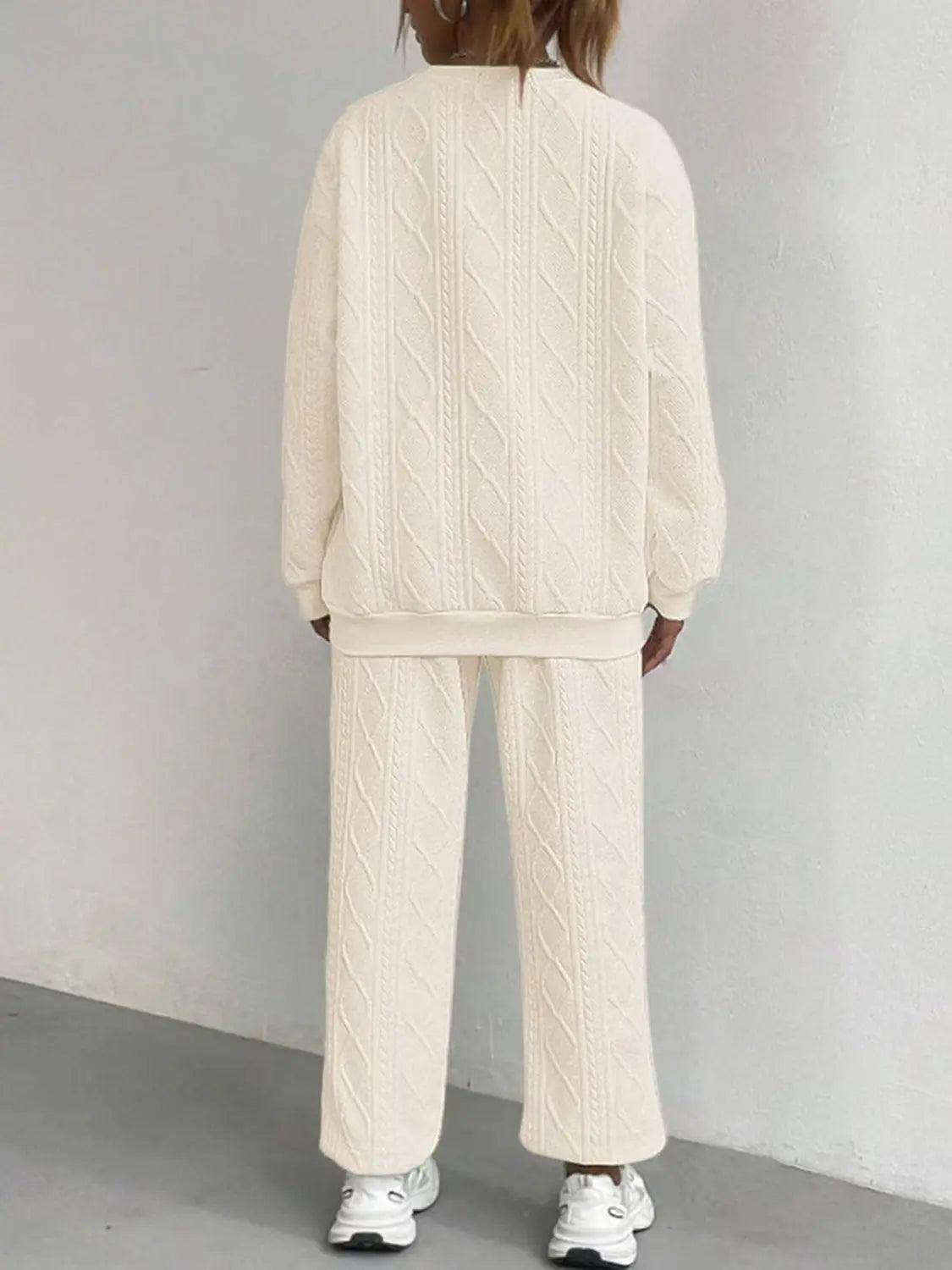 Texture Round Neck Top and Pants Set - KADAUT