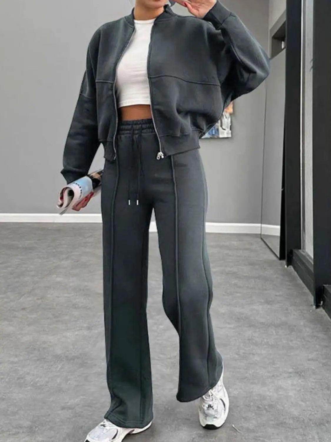 Baseball Collar Zip Up Outerwear and Drawstring Pants Set - KADAUT