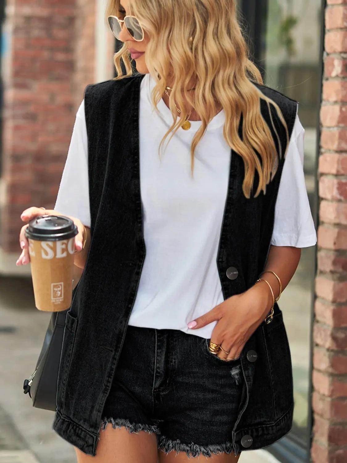 Full Size V-Neck Button Up Denim Vest - KADAUT