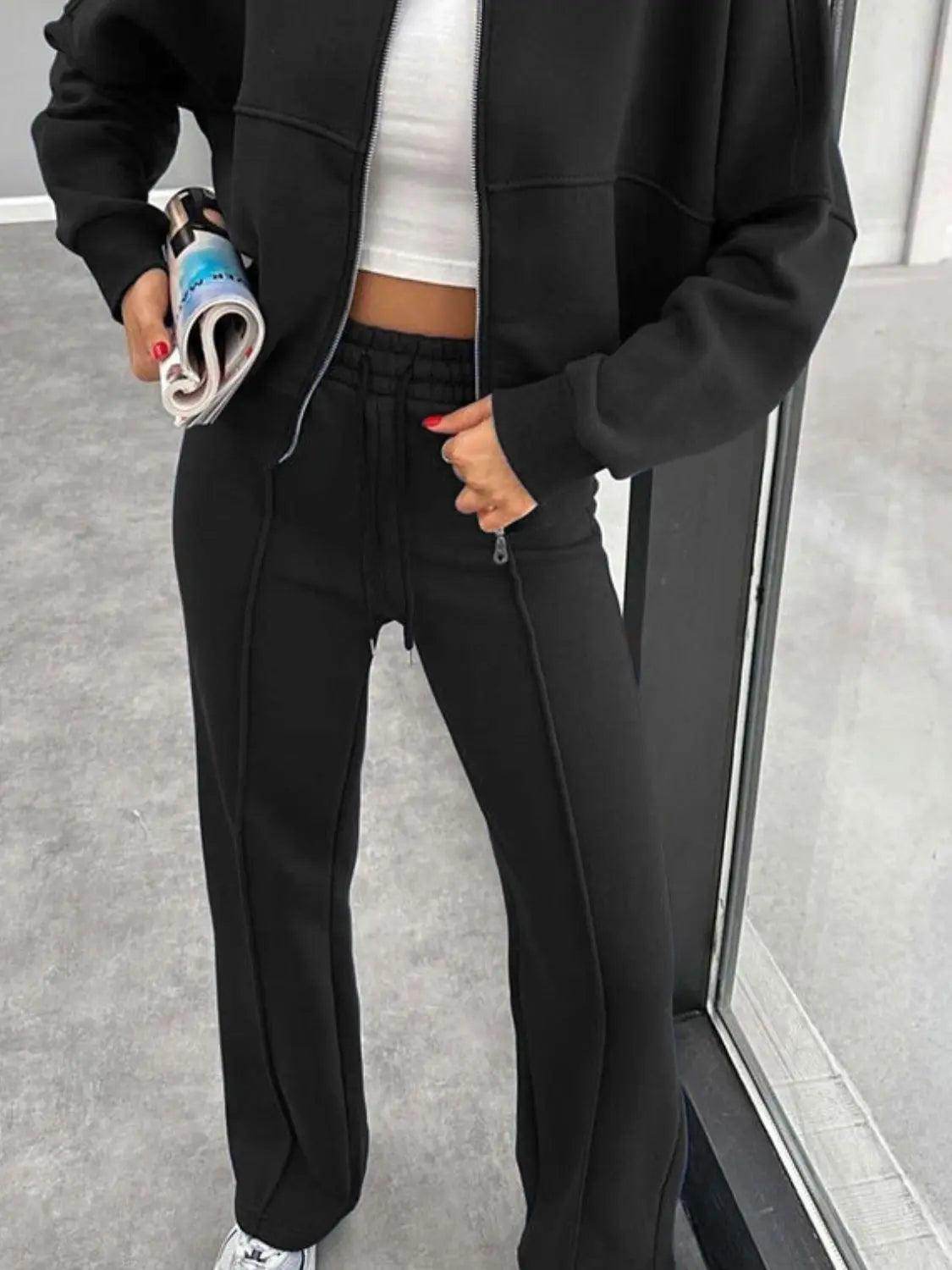 Baseball Collar Zip Up Outerwear and Drawstring Pants Set - KADAUT