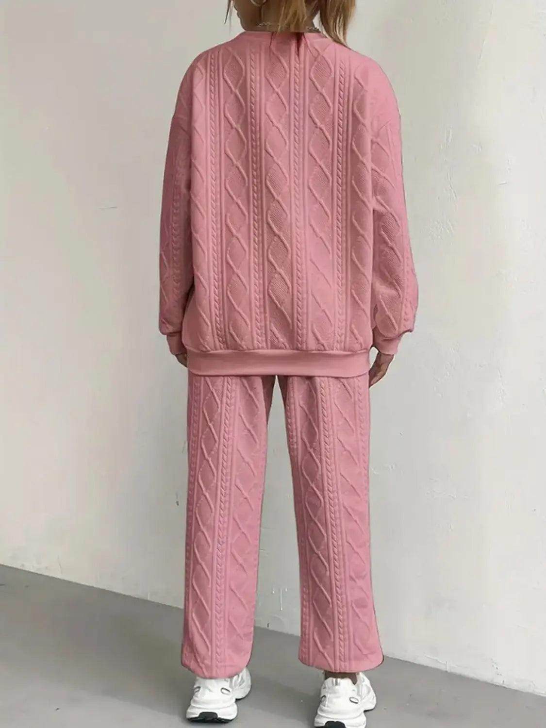Texture Round Neck Top and Pants Set - KADAUT