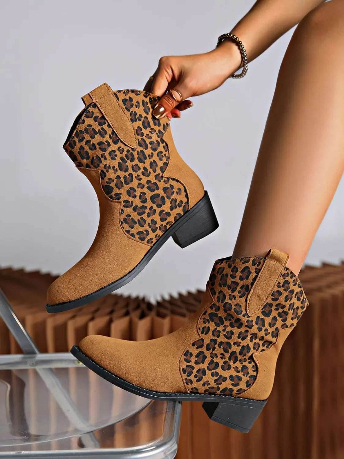 Leopard Suede Block Heel Boots - KADAUT
