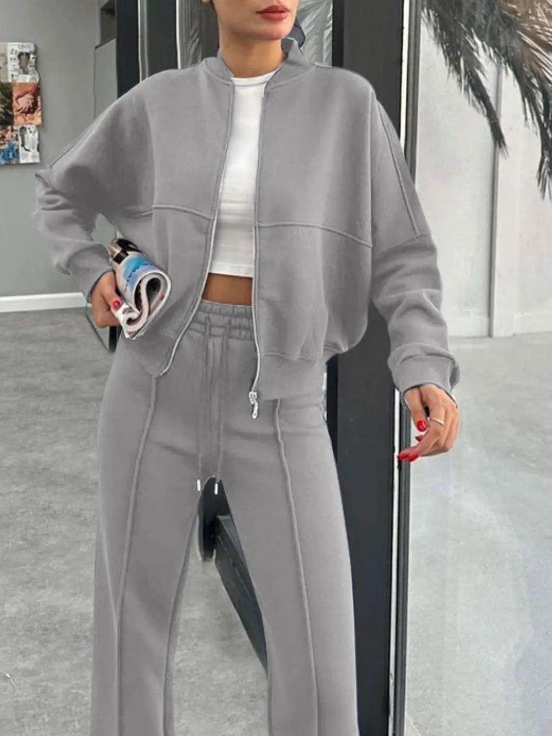 Baseball Collar Zip Up Outerwear and Drawstring Pants Set - KADAUT
