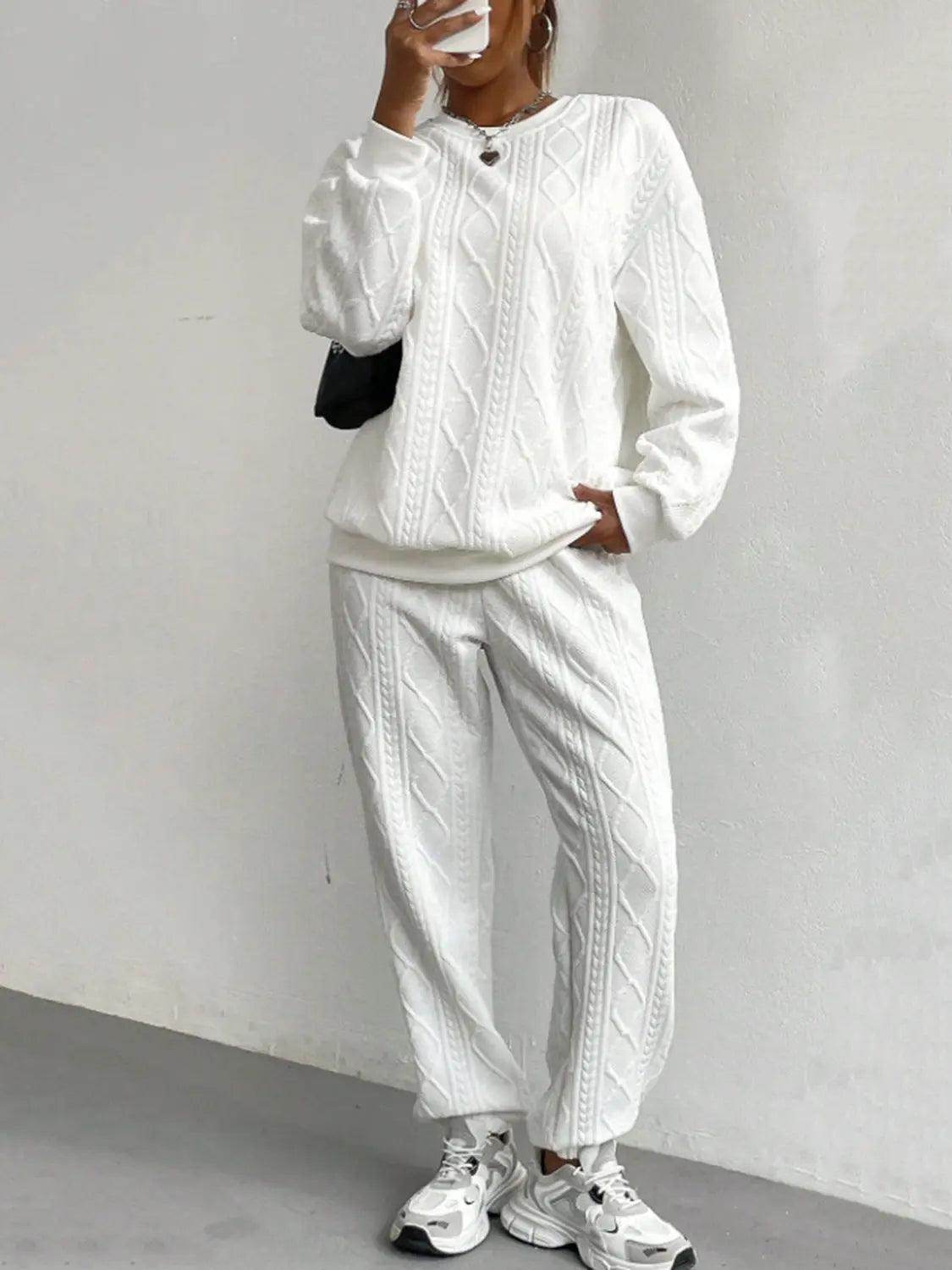 Texture Round Neck Top and Pants Set - KADAUT