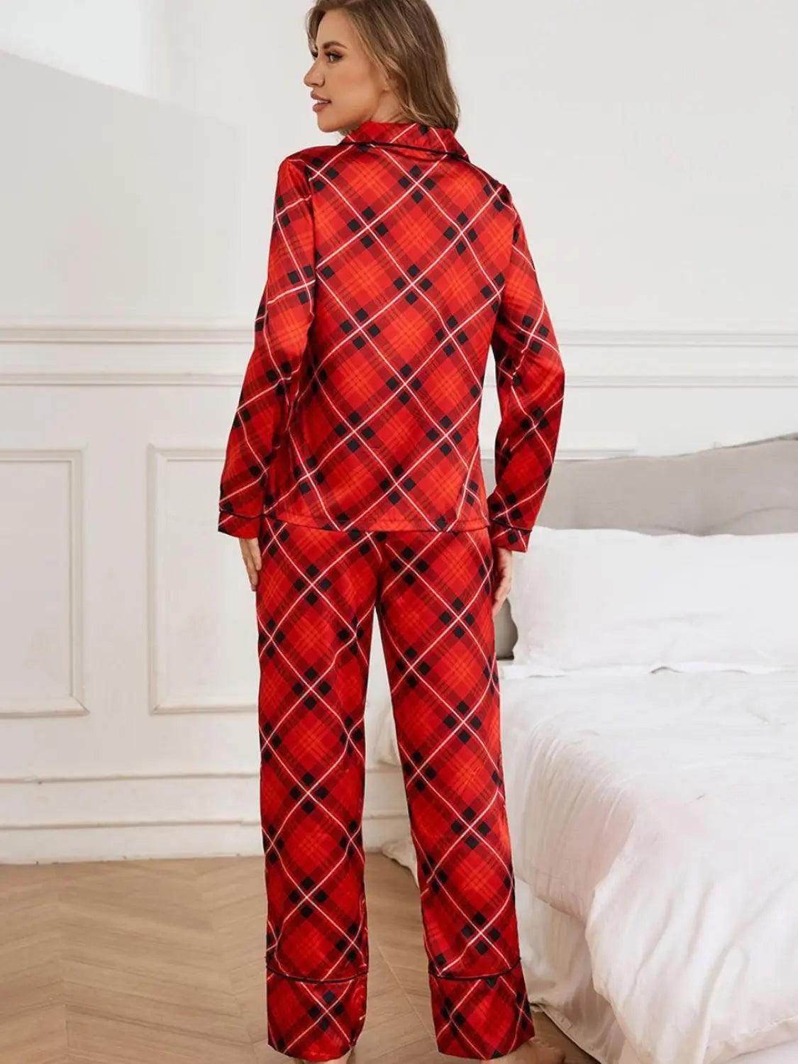 Plaid Button Up Long Sleeve Top and Pants Lounge Set - KADAUT