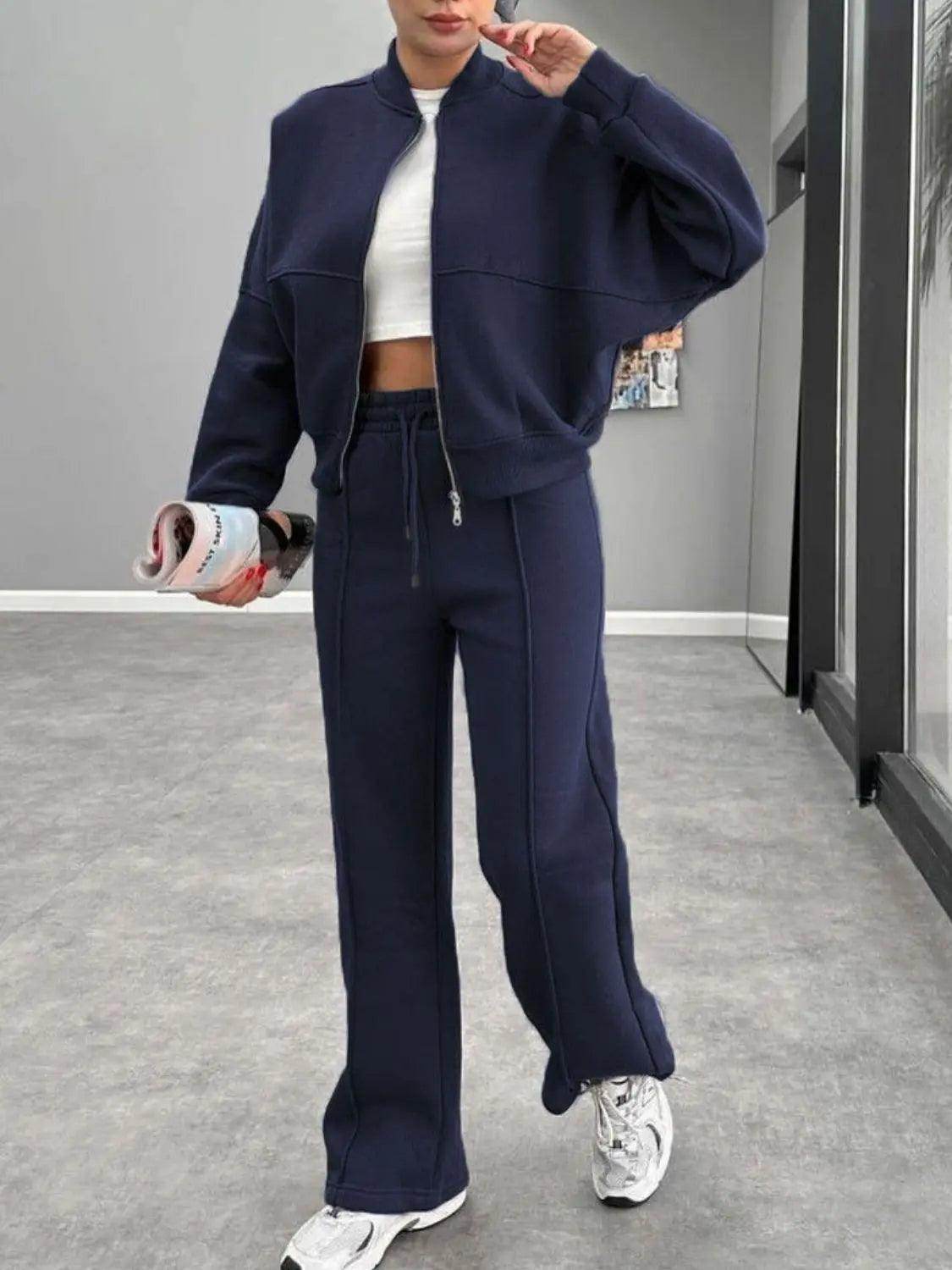 Baseball Collar Zip Up Outerwear and Drawstring Pants Set - KADAUT