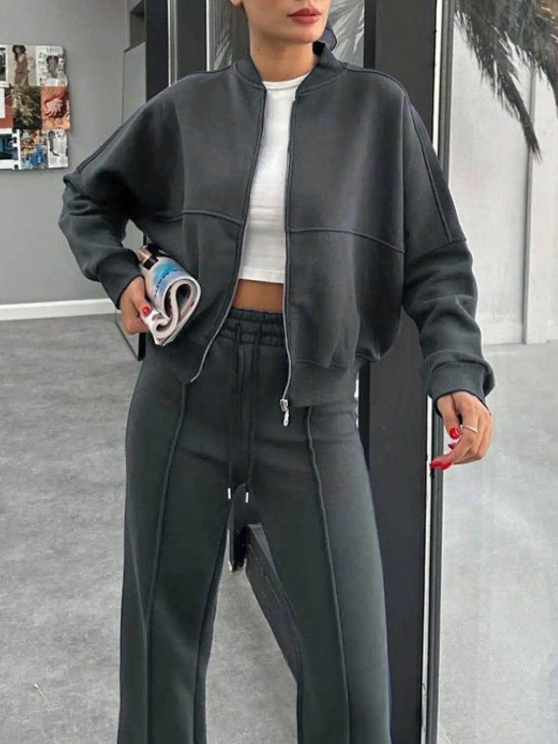 Baseball Collar Zip Up Outerwear and Drawstring Pants Set - KADAUT