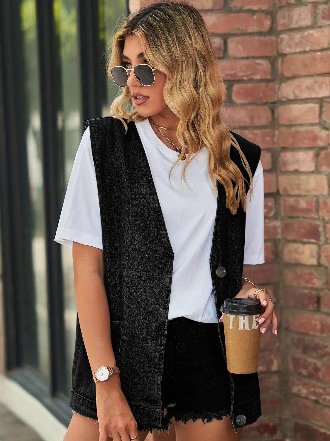 Full Size V-Neck Button Up Denim Vest - KADAUT