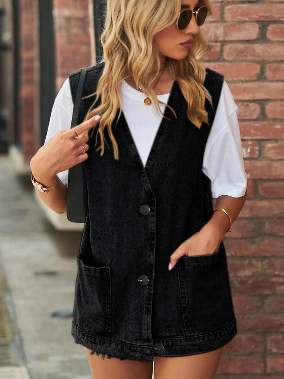 Full Size V-Neck Button Up Denim Vest - KADAUT