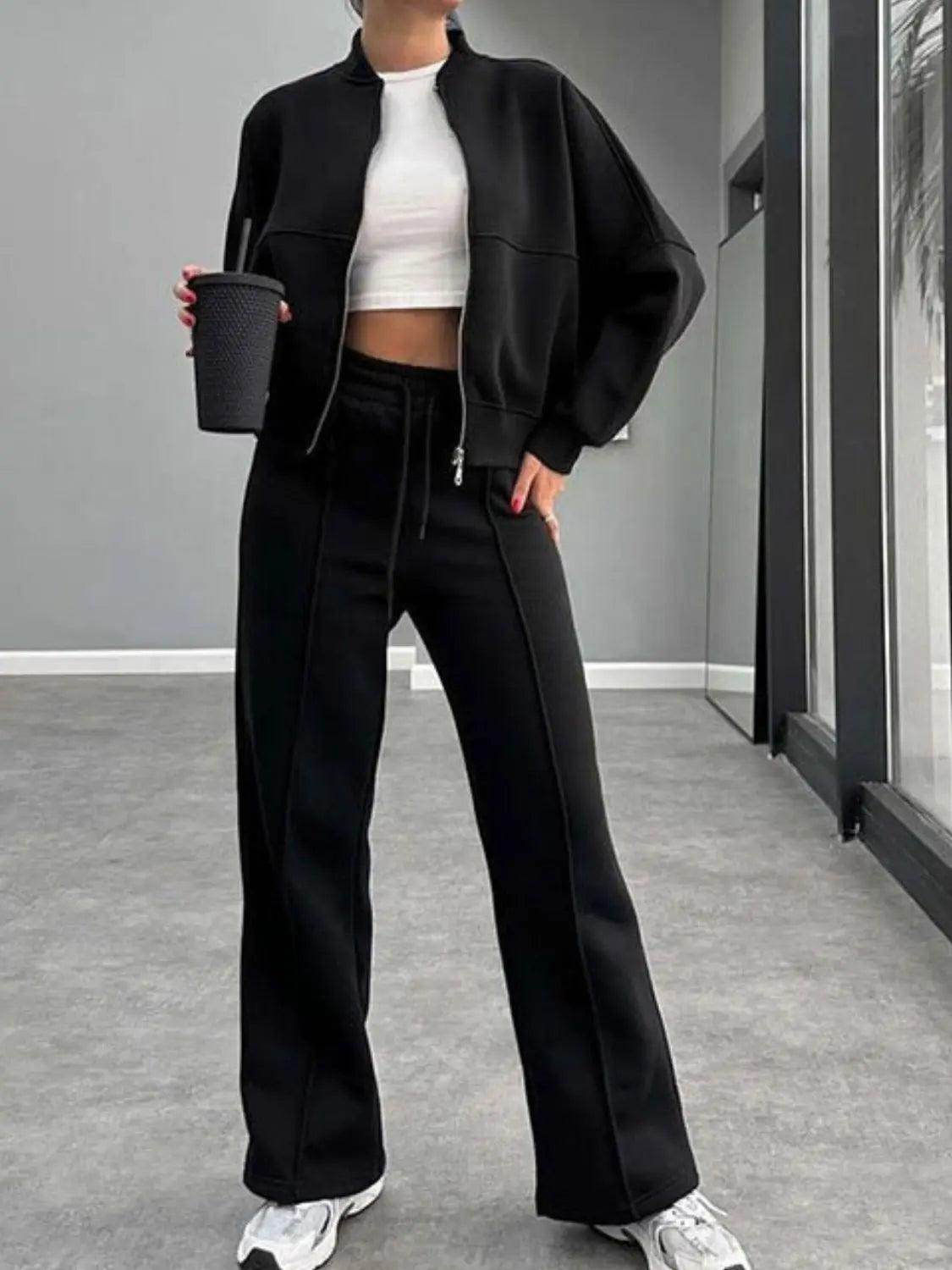 Baseball Collar Zip Up Outerwear and Drawstring Pants Set - KADAUT