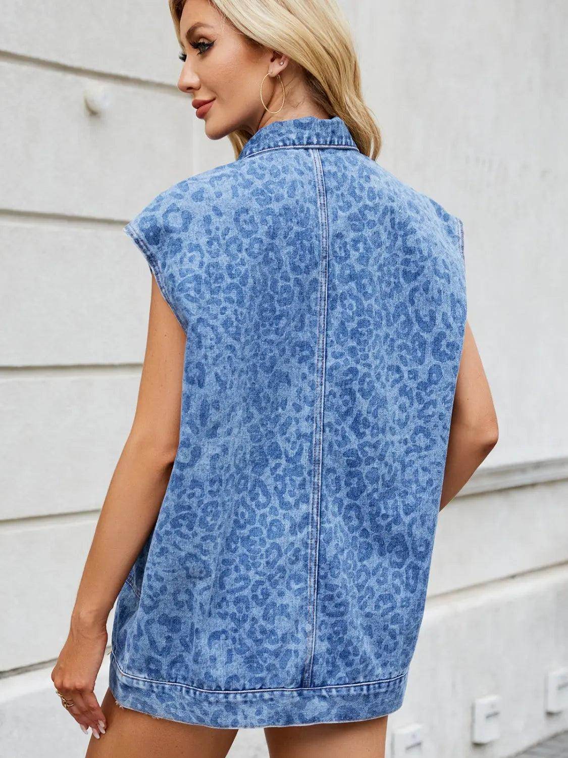 Leopard Button Up Cap Sleeve Denim Jacket - KADAUT