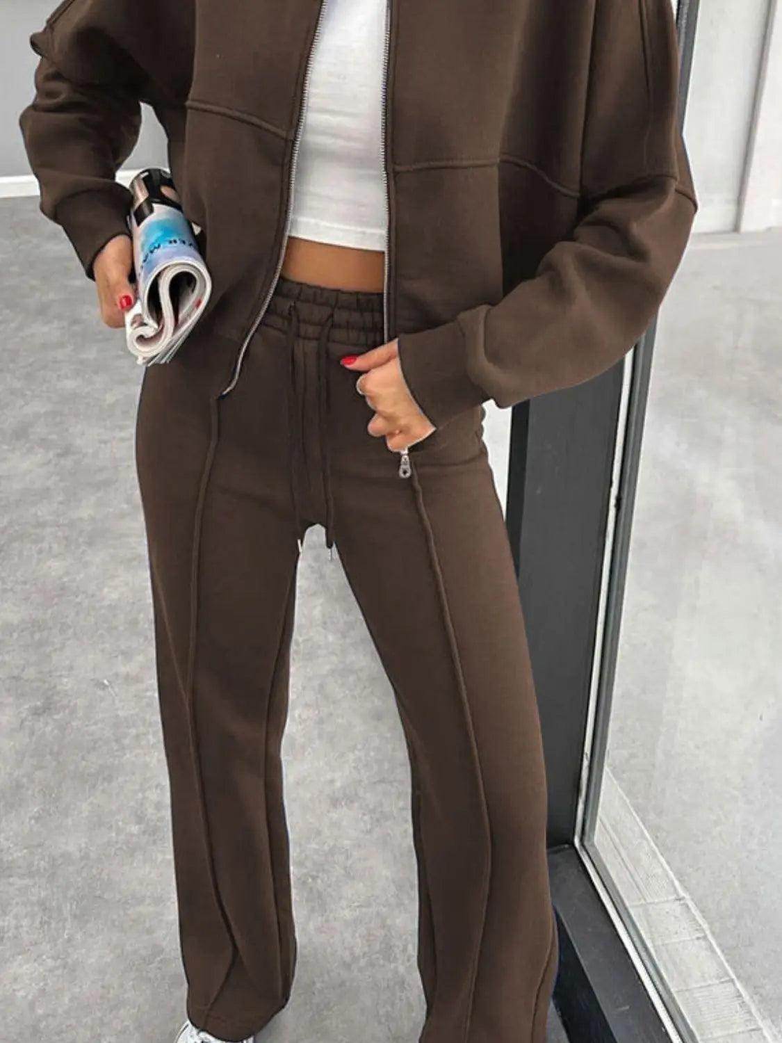 Baseball Collar Zip Up Outerwear and Drawstring Pants Set - KADAUT