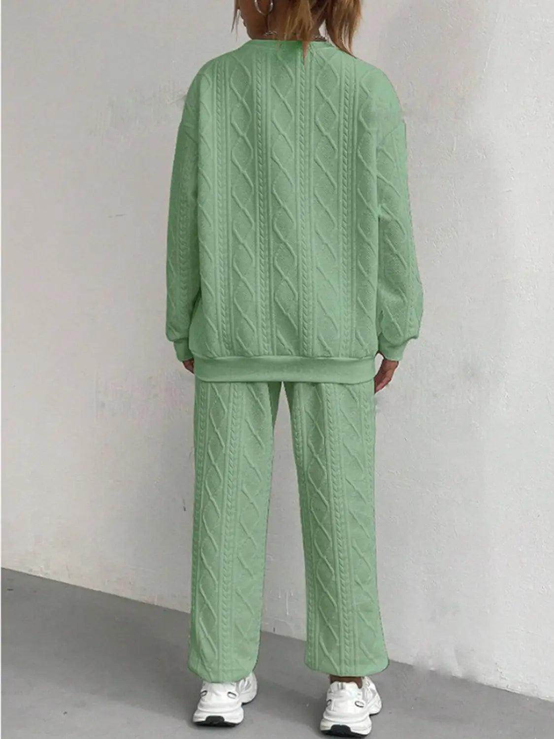 Texture Round Neck Top and Pants Set - KADAUT