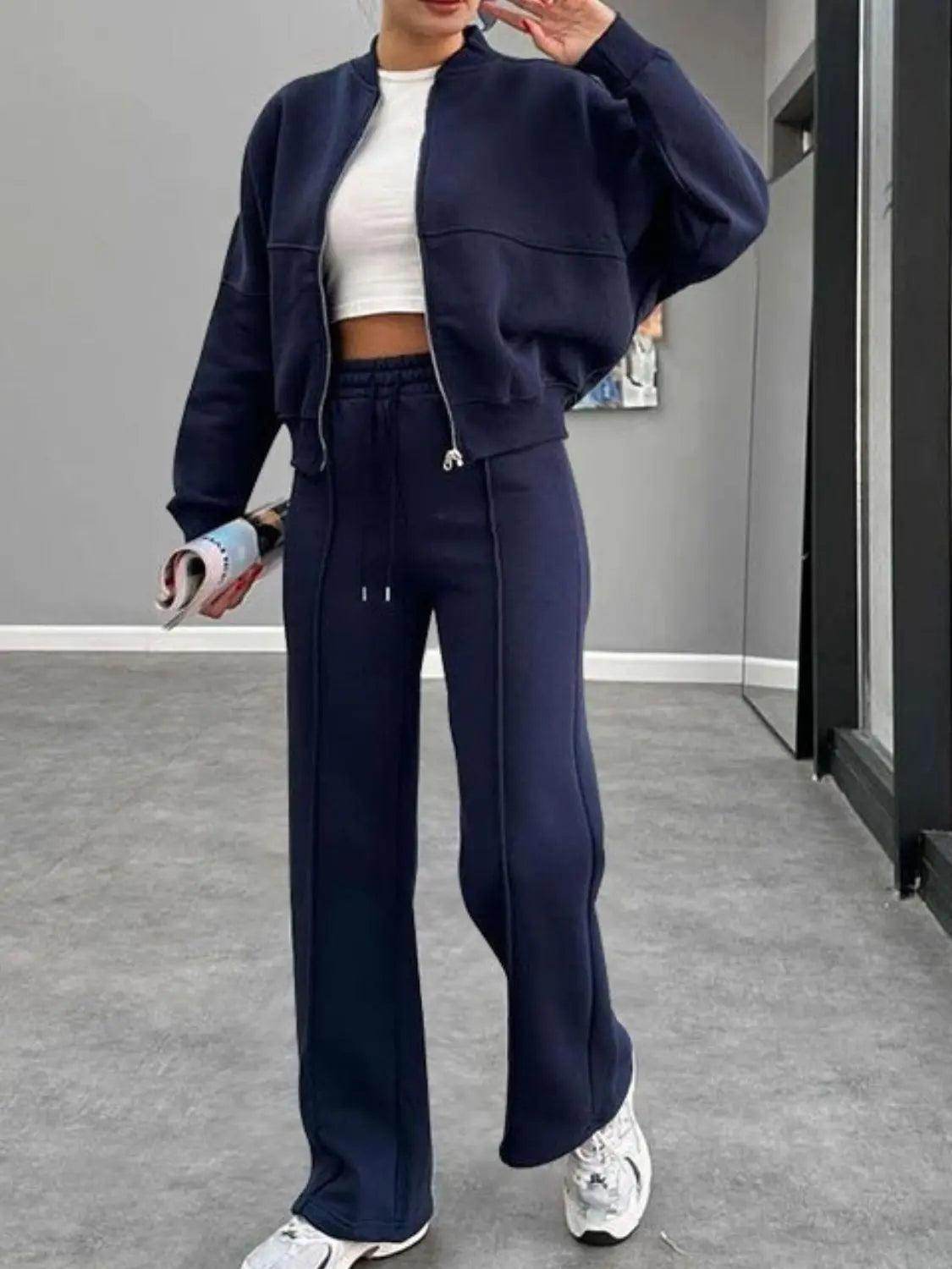 Baseball Collar Zip Up Outerwear and Drawstring Pants Set - KADAUT