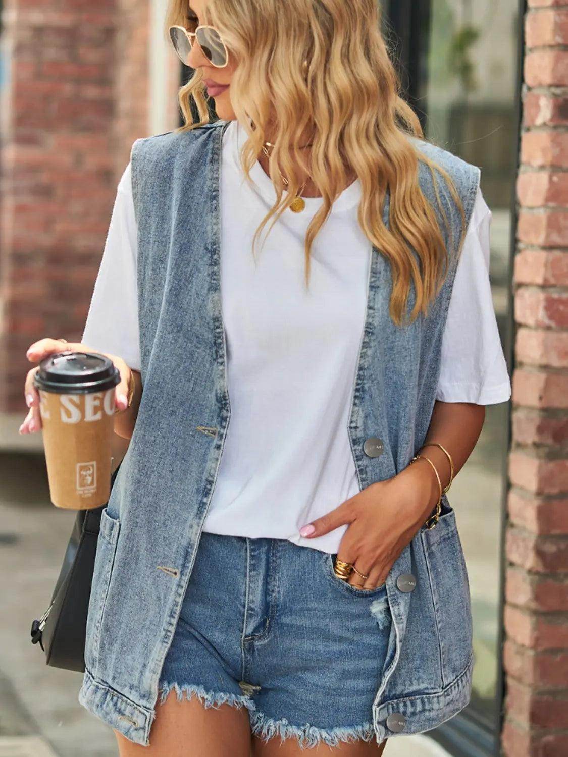 Full Size V-Neck Button Up Denim Vest - KADAUT