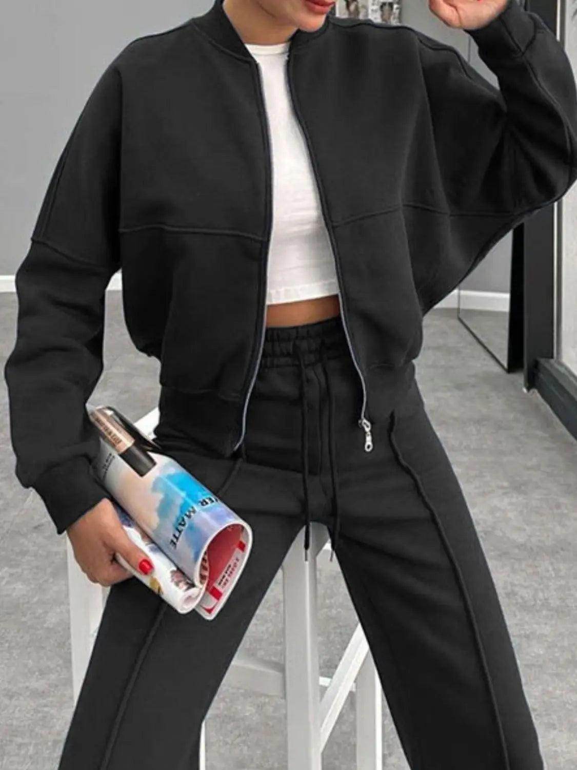 Baseball Collar Zip Up Outerwear and Drawstring Pants Set - KADAUT