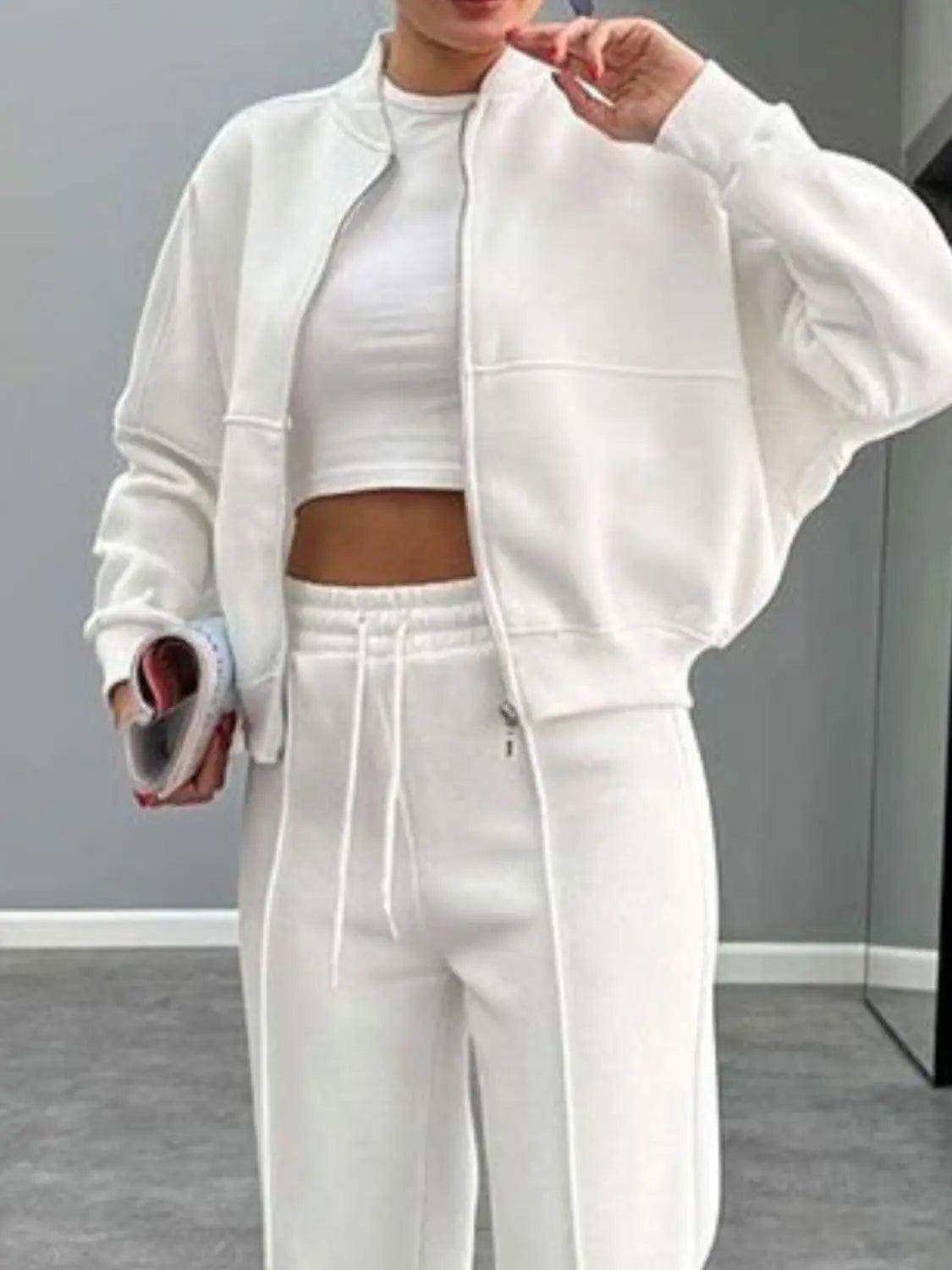 Baseball Collar Zip Up Outerwear and Drawstring Pants Set - KADAUT