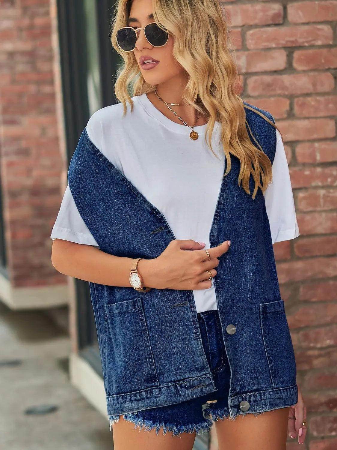 Full Size V-Neck Button Up Denim Vest - KADAUT