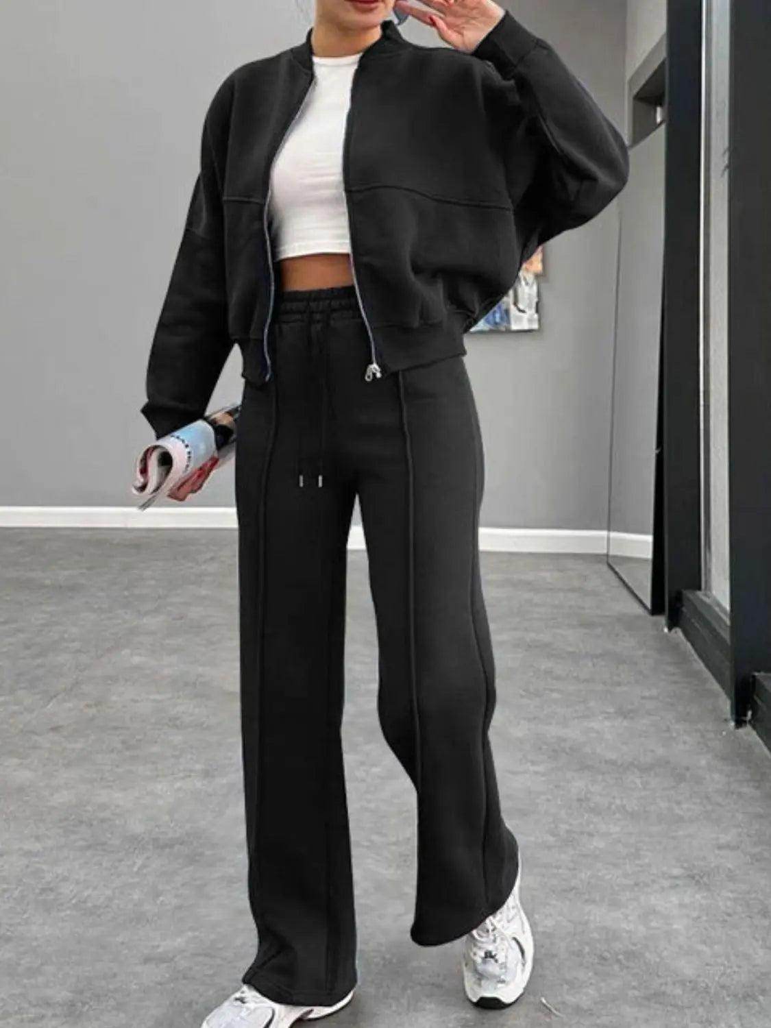 Baseball Collar Zip Up Outerwear and Drawstring Pants Set - KADAUT