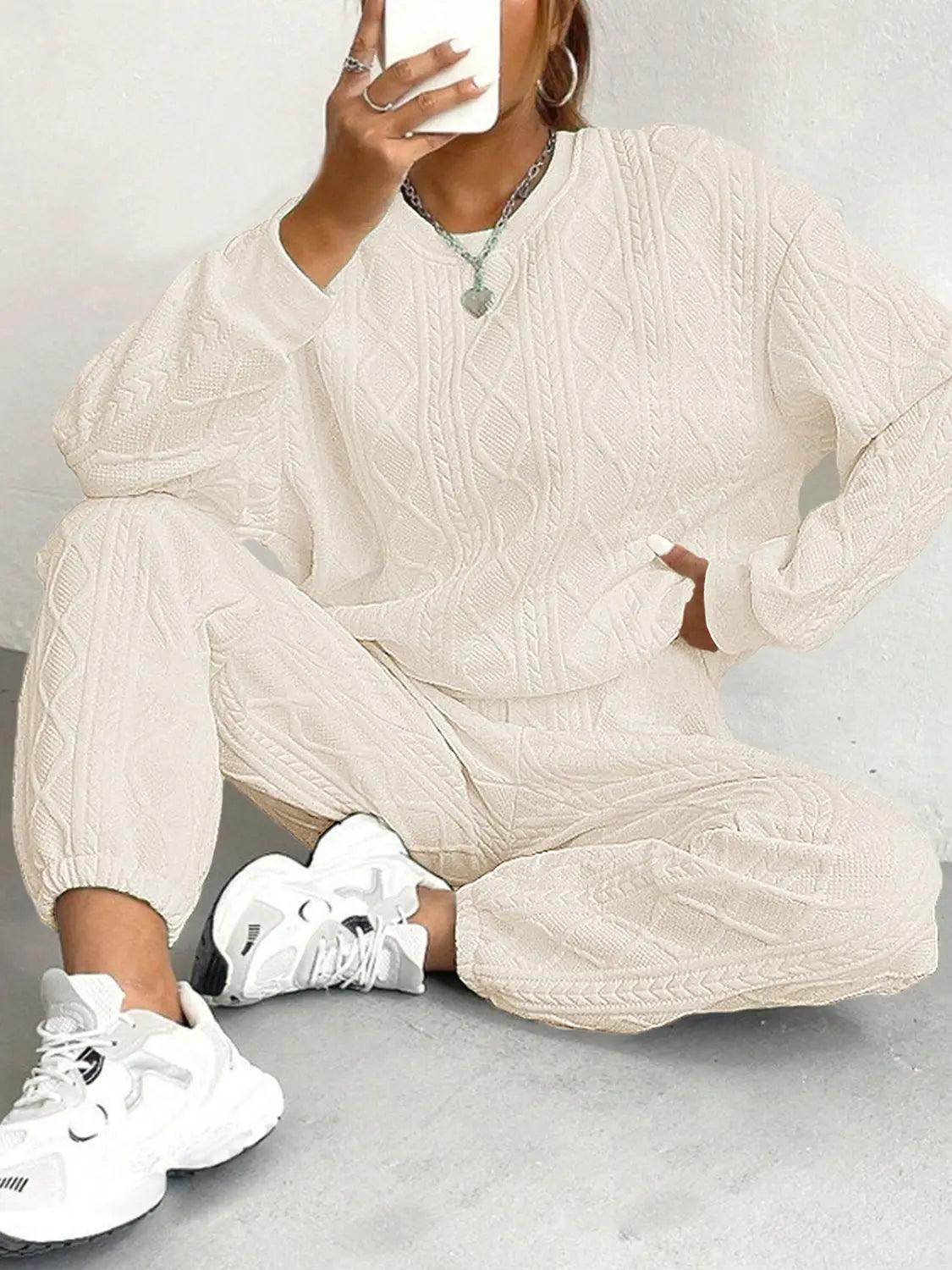 Texture Round Neck Top and Pants Set - KADAUT