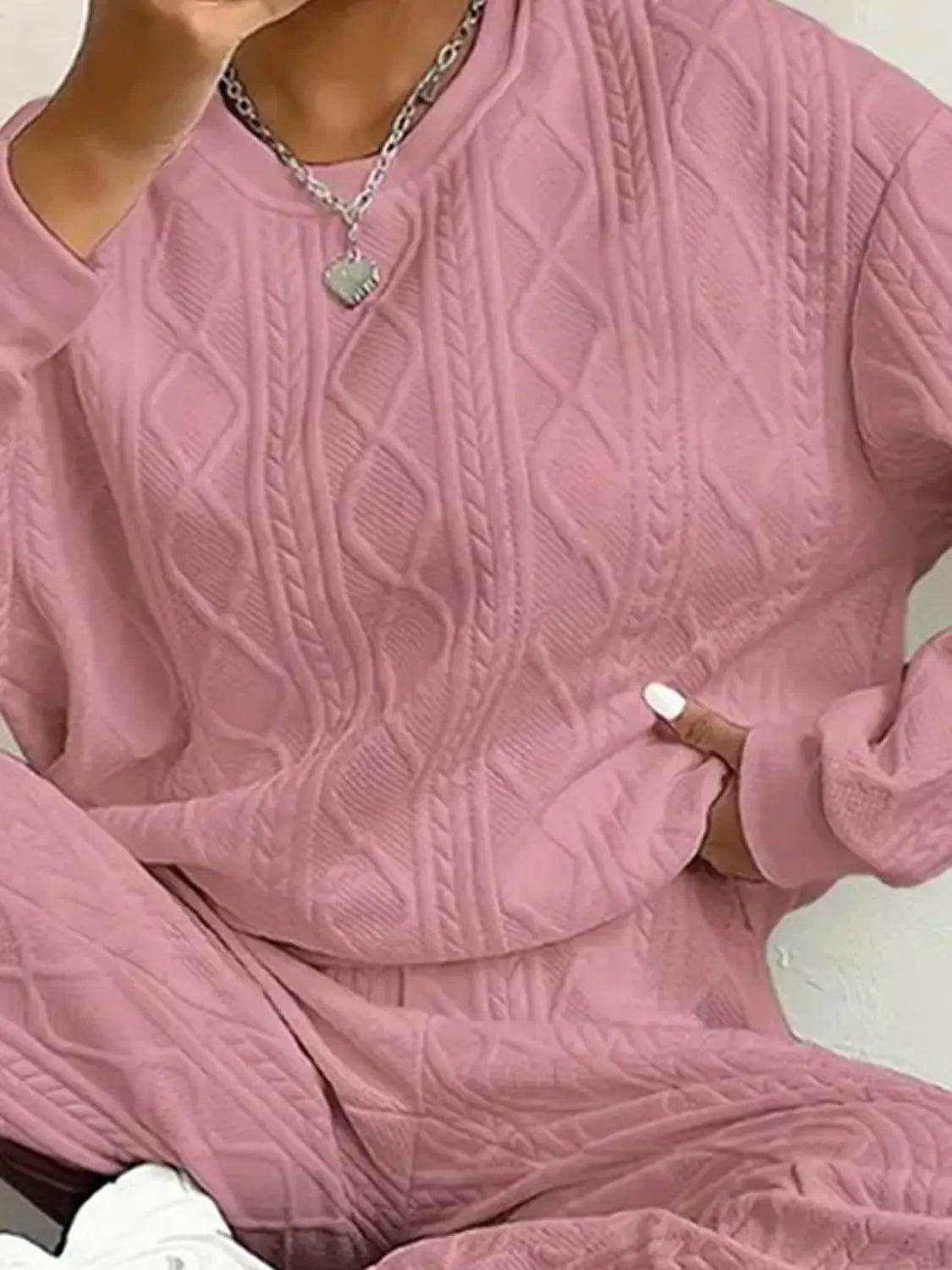 Texture Round Neck Top and Pants Set - KADAUT