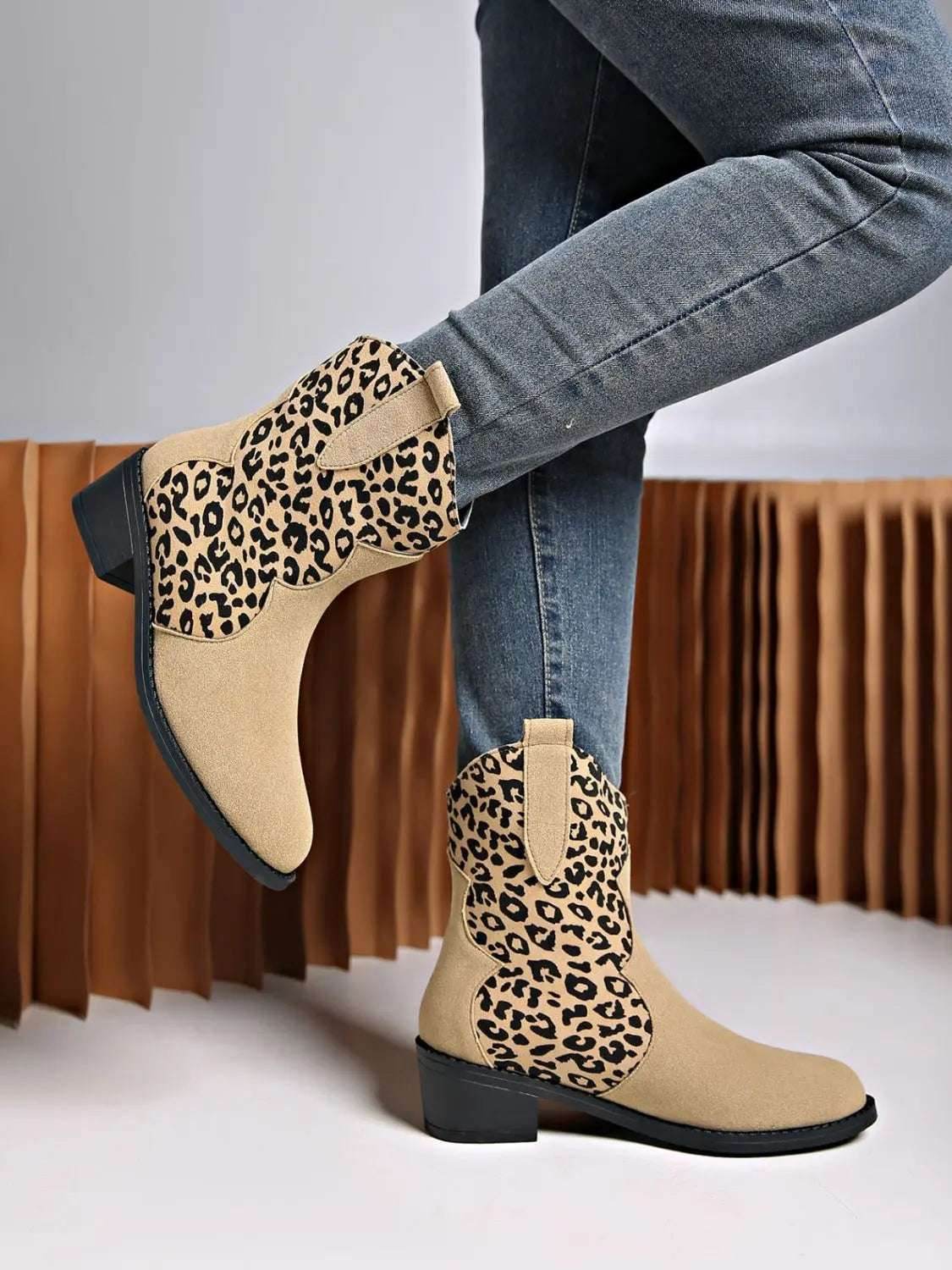 Leopard Suede Block Heel Boots - KADAUT