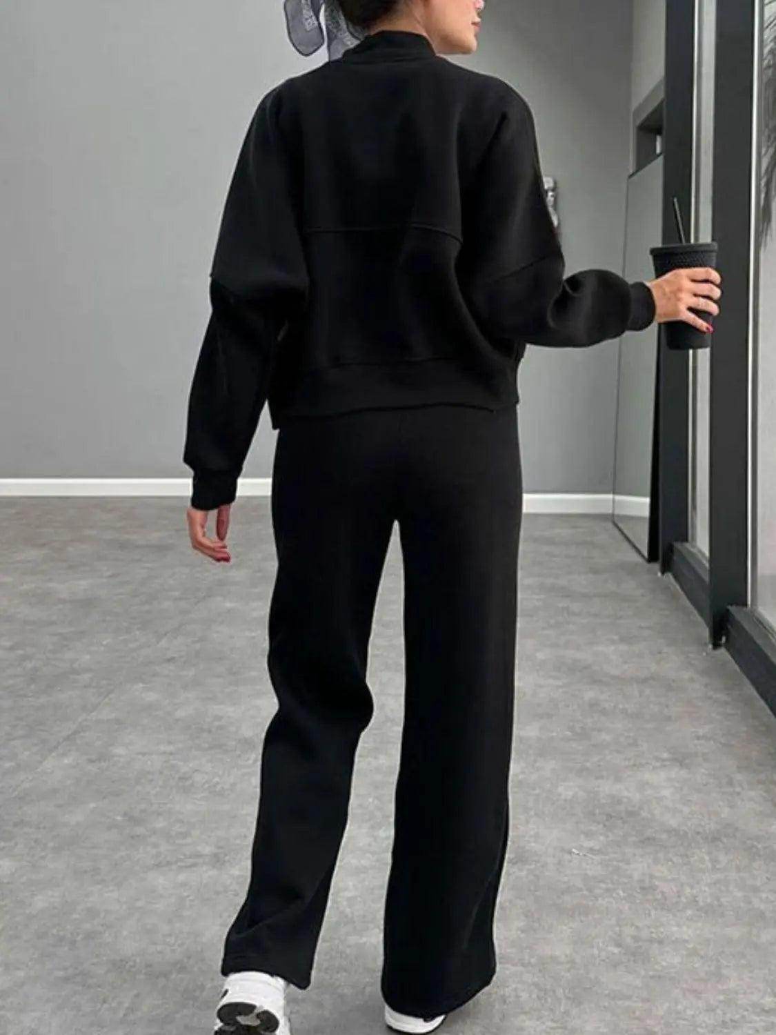 Baseball Collar Zip Up Outerwear and Drawstring Pants Set - KADAUT