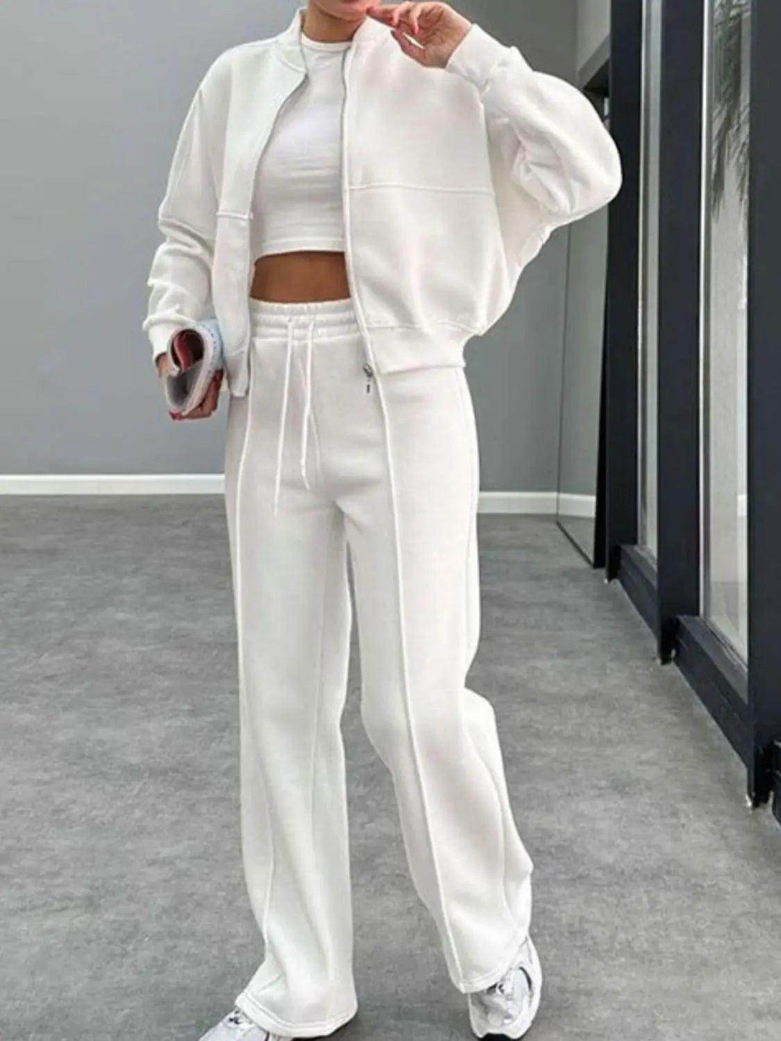 Baseball Collar Zip Up Outerwear and Drawstring Pants Set - KADAUT