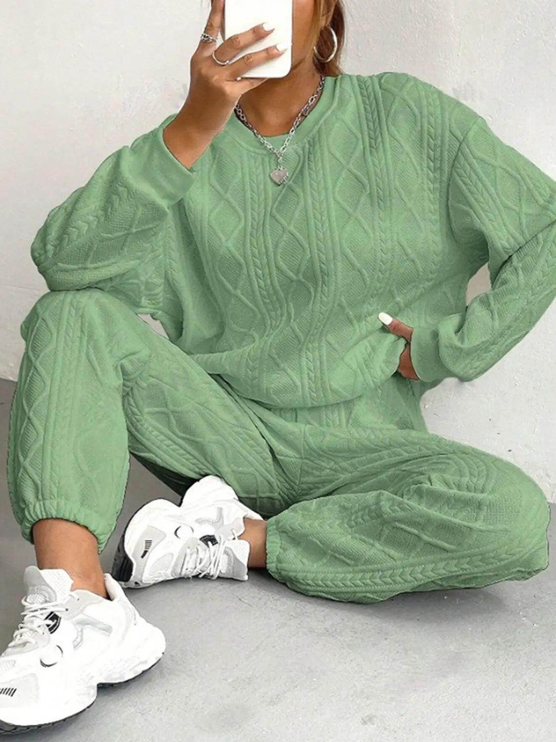 Texture Round Neck Top and Pants Set - KADAUT
