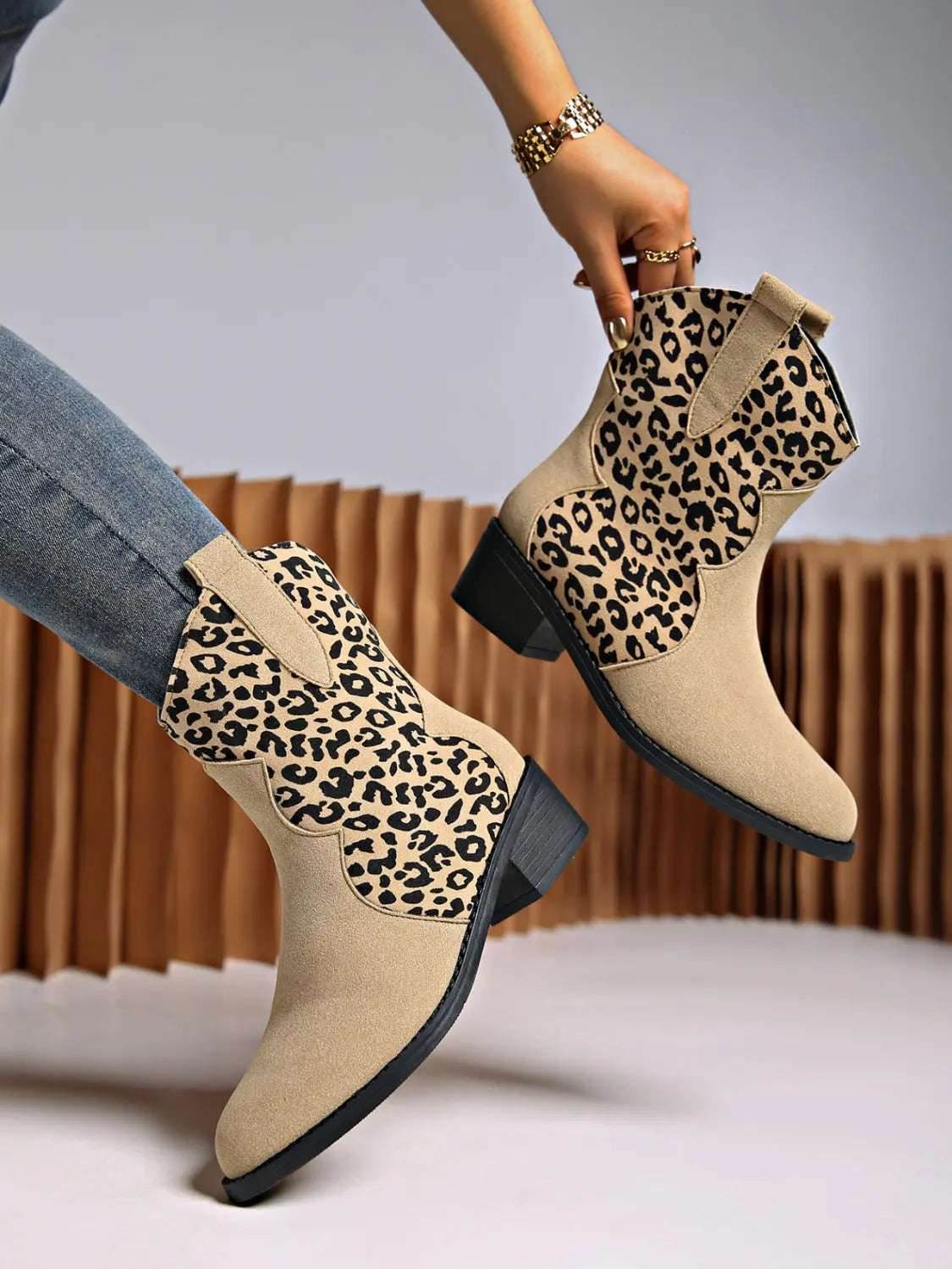 Leopard Suede Block Heel Boots - KADAUT