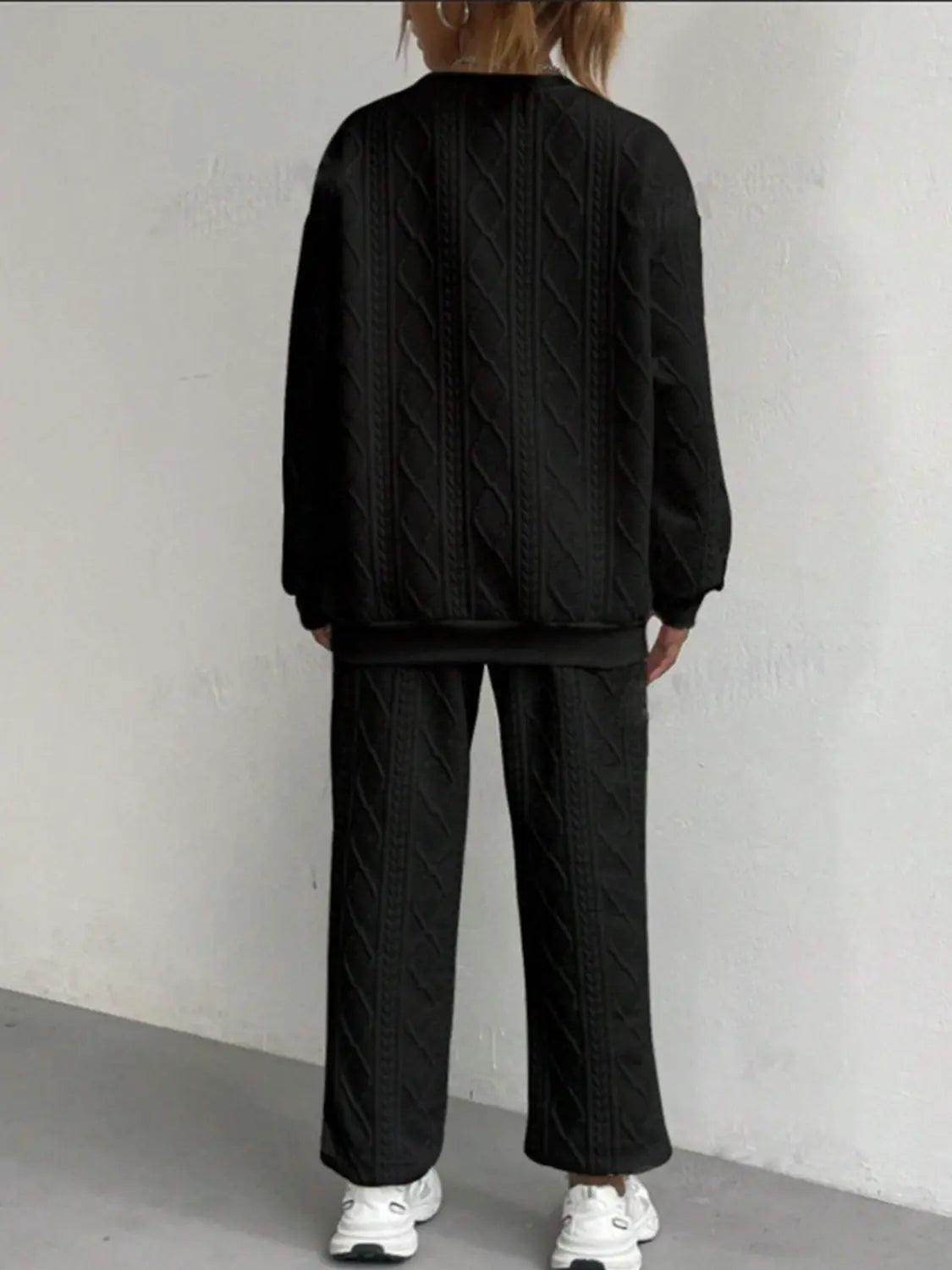 Texture Round Neck Top and Pants Set - KADAUT
