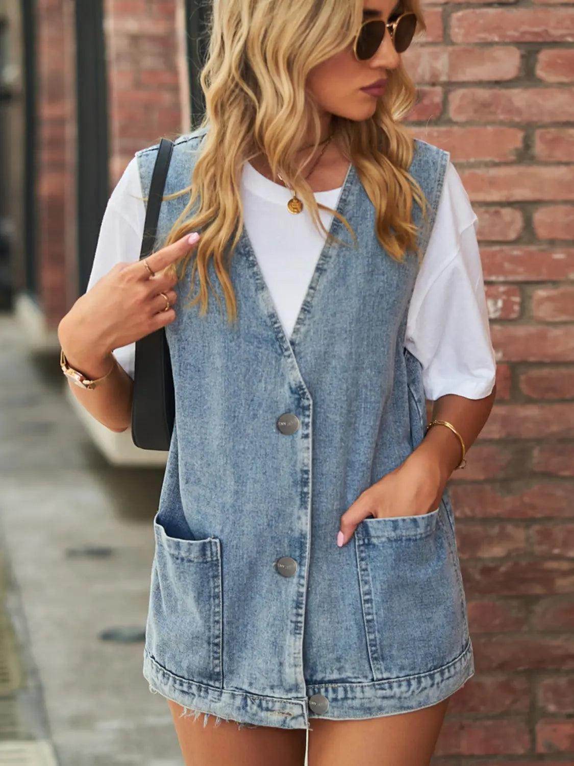 Full Size V-Neck Button Up Denim Vest - KADAUT