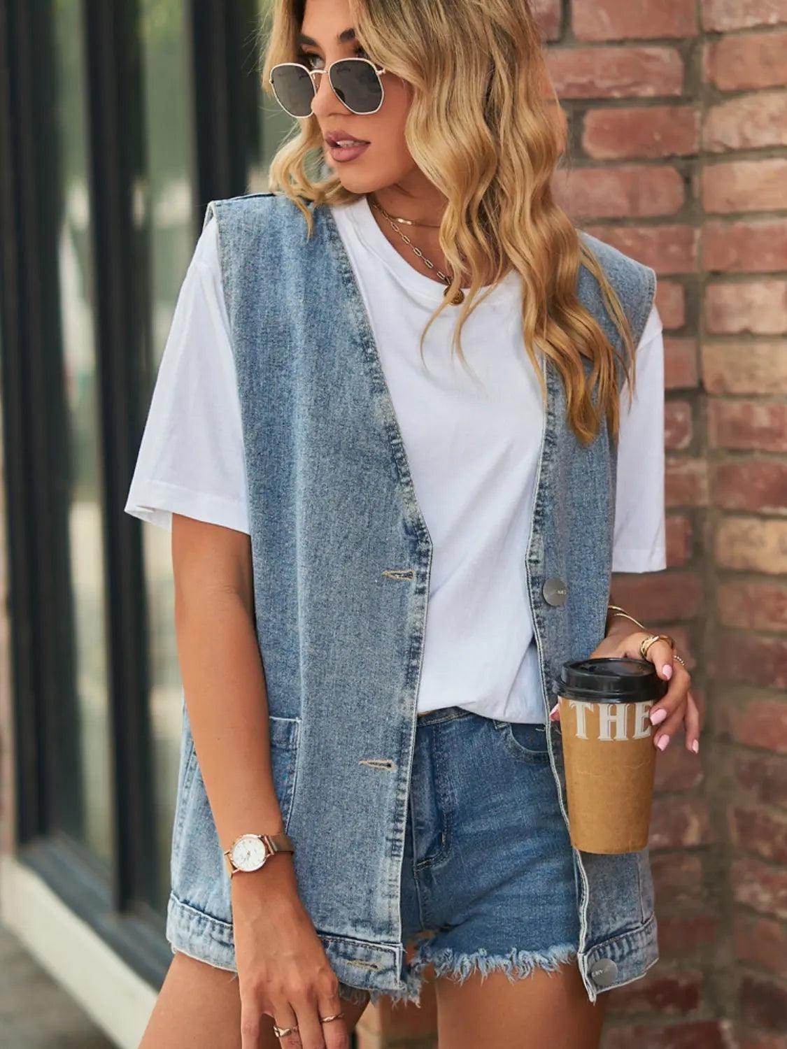 Full Size V-Neck Button Up Denim Vest - KADAUT