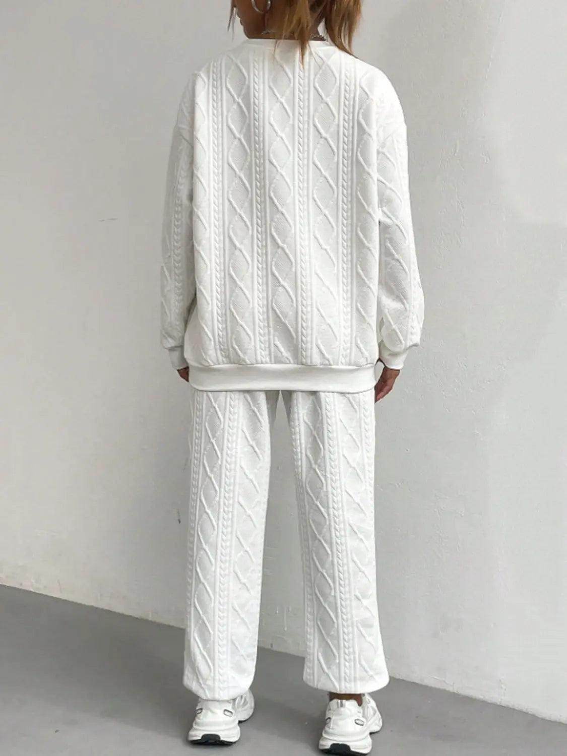 Texture Round Neck Top and Pants Set - KADAUT