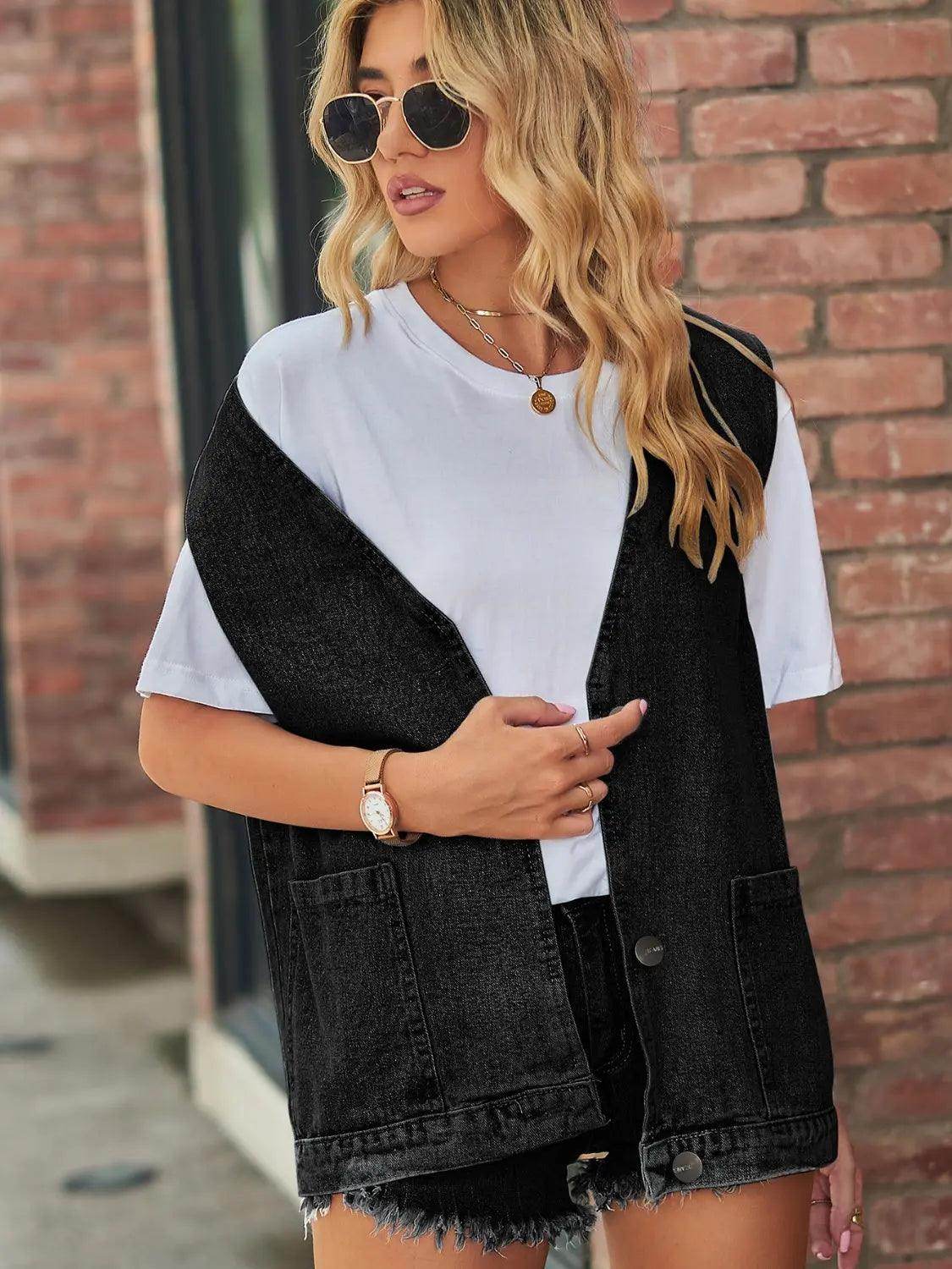 Full Size V-Neck Button Up Denim Vest - KADAUT