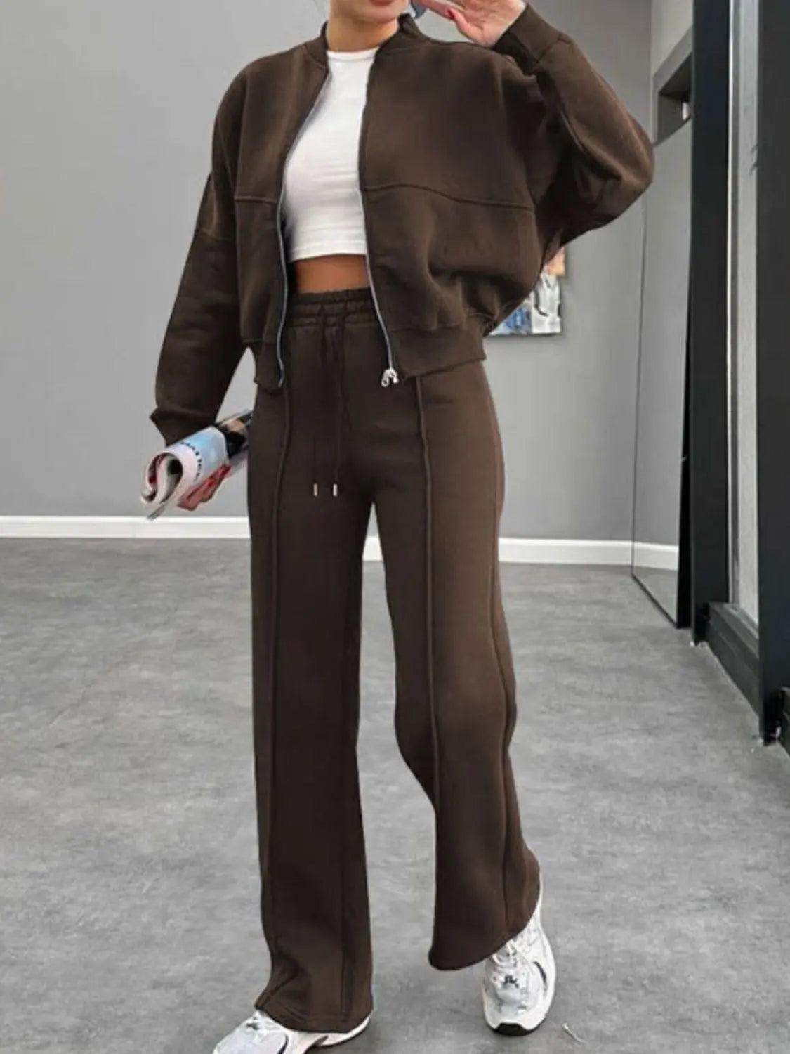 Baseball Collar Zip Up Outerwear and Drawstring Pants Set - KADAUT