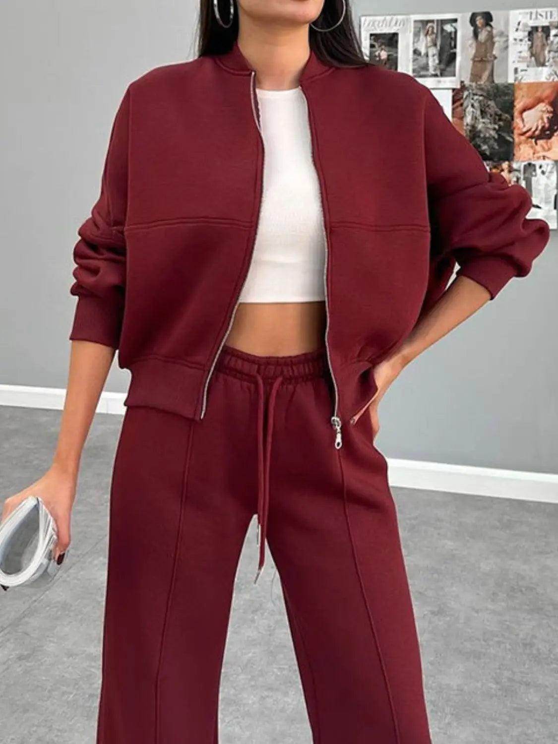 Baseball Collar Zip Up Outerwear and Drawstring Pants Set - KADAUT