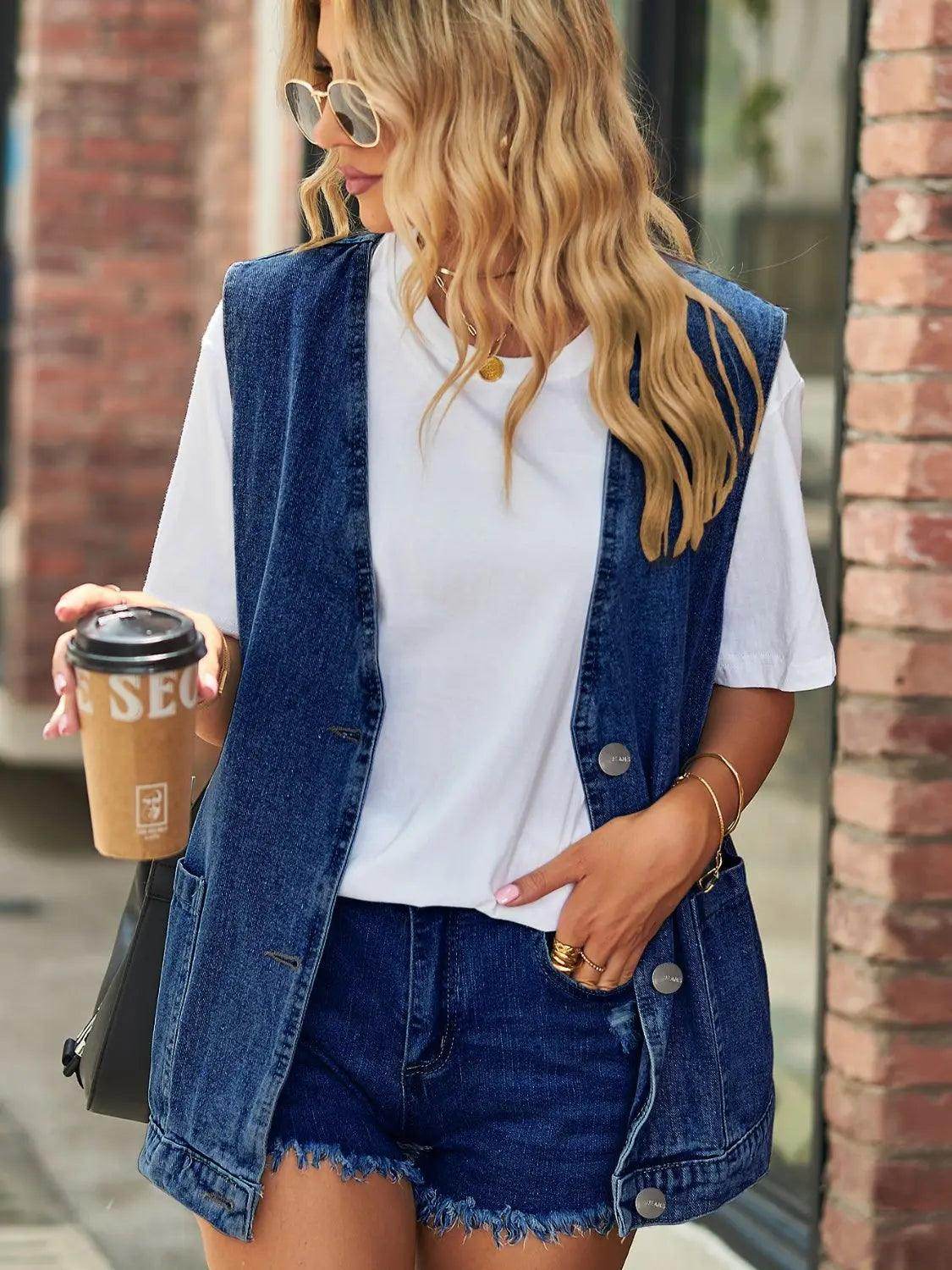 Full Size V-Neck Button Up Denim Vest - KADAUT