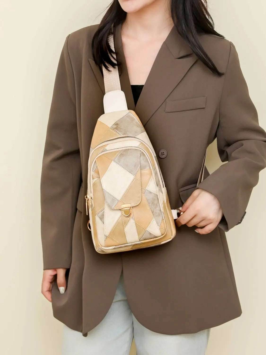 PU Leather Color Block Crossbody Bag - KADAUT