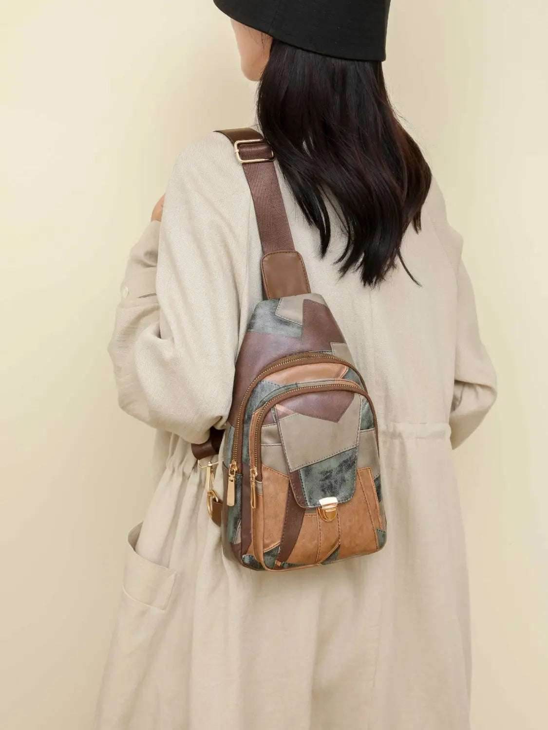 PU Leather Color Block Crossbody Bag - KADAUT