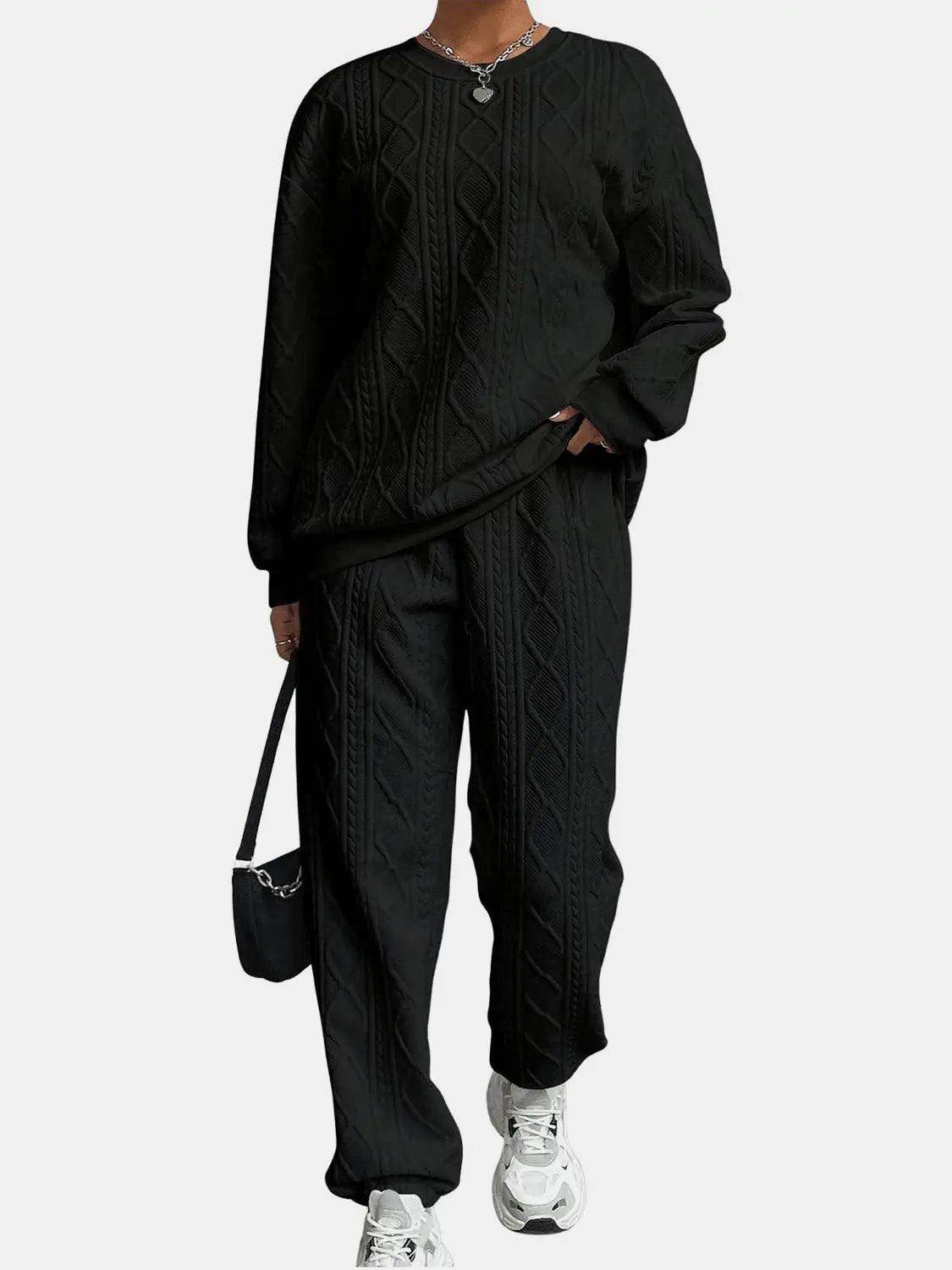 Texture Round Neck Top and Pants Set - KADAUT