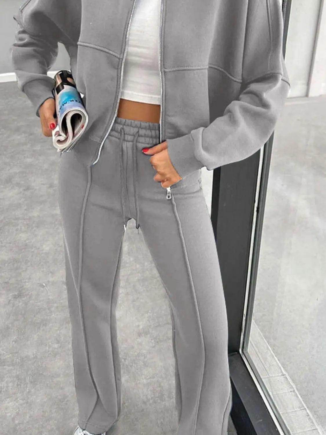 Baseball Collar Zip Up Outerwear and Drawstring Pants Set - KADAUT