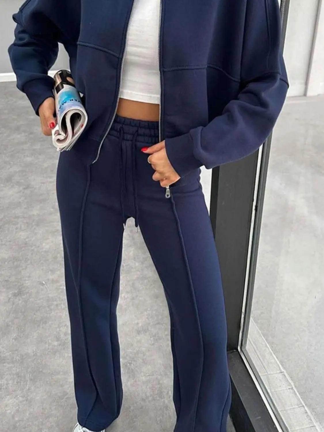 Baseball Collar Zip Up Outerwear and Drawstring Pants Set - KADAUT